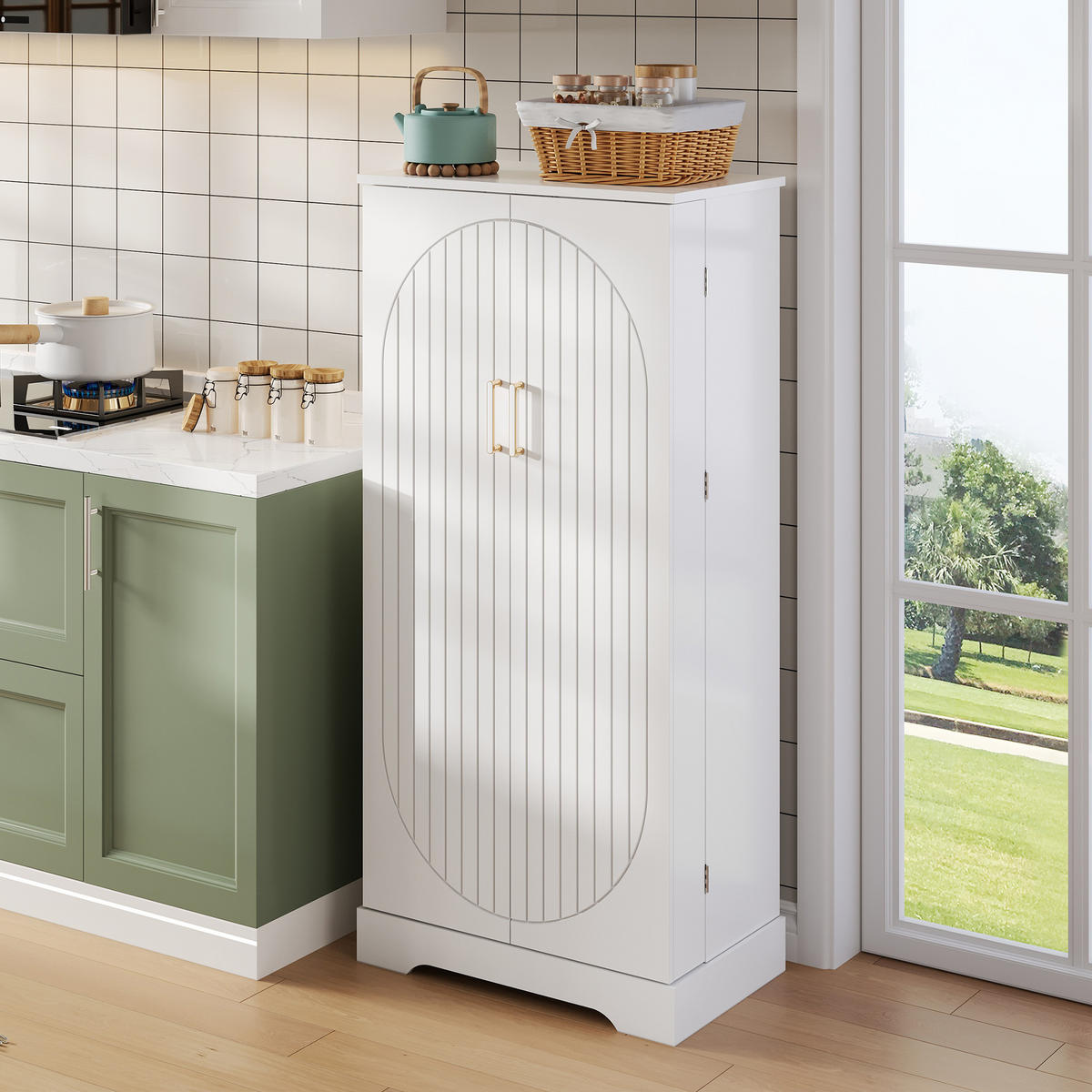 BUFFET aus MDF 60x35x128 cm Weiß mit LED-Sensorleuchte, verstellbaren Ablagen und platzsparendem Stauraum - Weiß, Holzwerkstoff (60/128/35cm) - Modfu