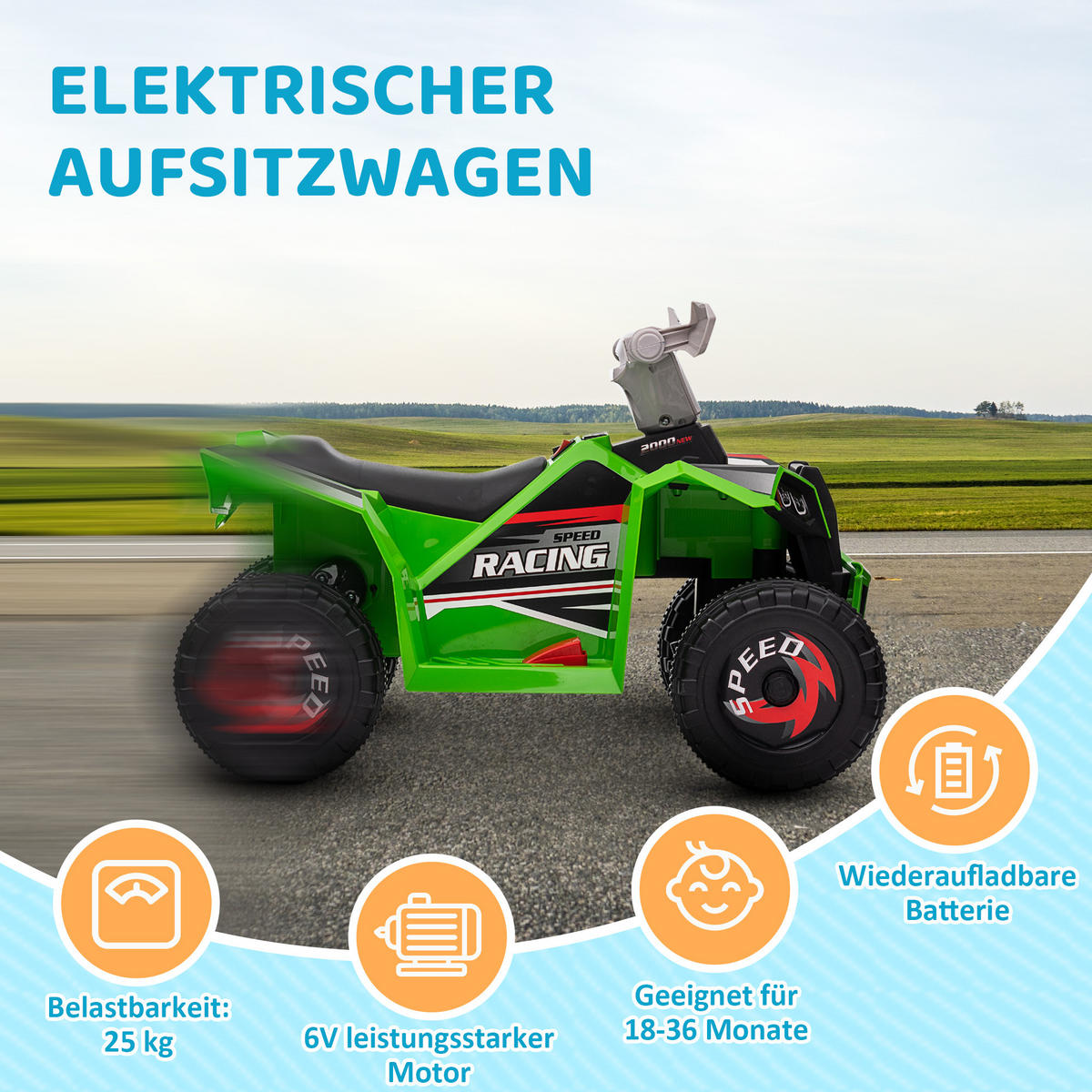 KINDER-ELEKTROQUAD Mini Elektroquad mit Vorwärts-, Rückwärtsfunktion, Grün - Grün, Metall (70/41.5/48.5cm) - HOMCOM