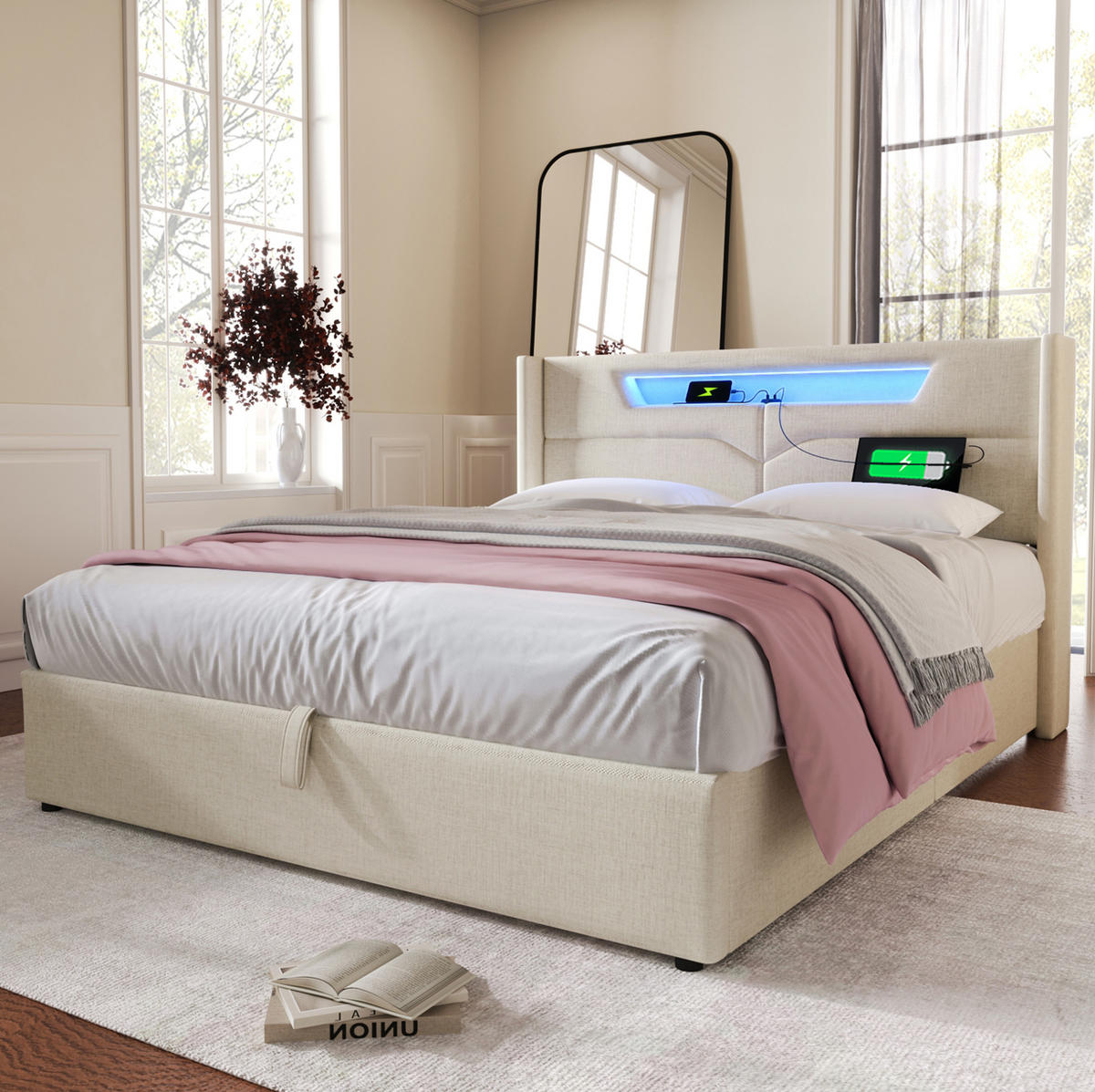 POLSTERBETT aus Leinen 140x200 cm Beige mit Bettkasten, LED-Beleuchtung, USB und Typ-C-Anschluss - Beige, Textil (140/200cm) - IVMEU