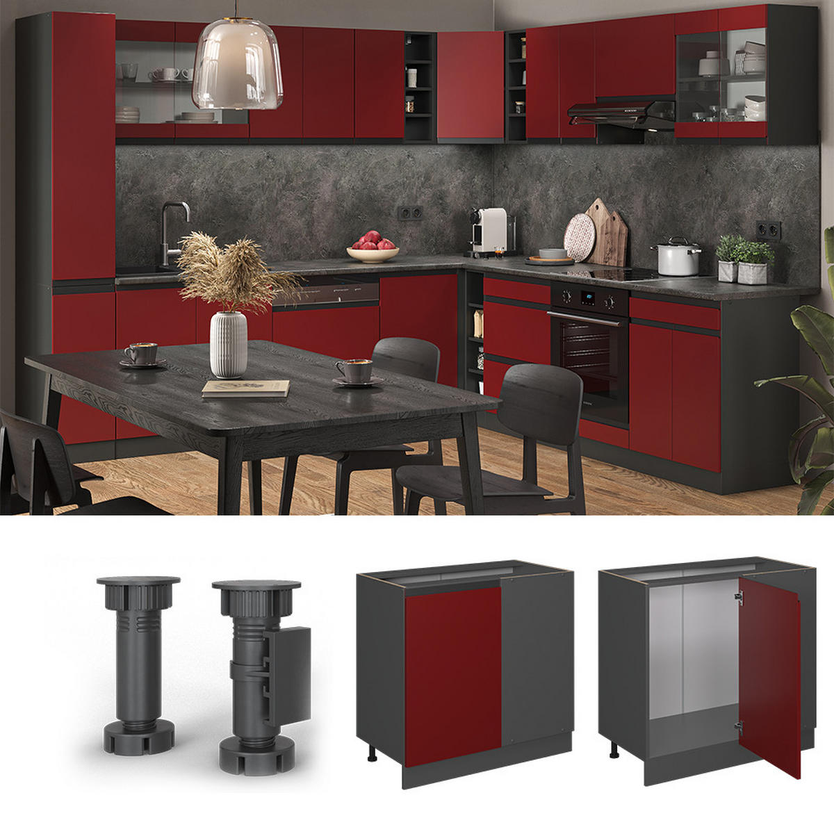 ECKUNTERSCHRANK R-Line Rot 86 cm, AP Anthrazit - Anthrazit/Rot, Holzwerkstoff (86/81.6/60cm) - Vicco