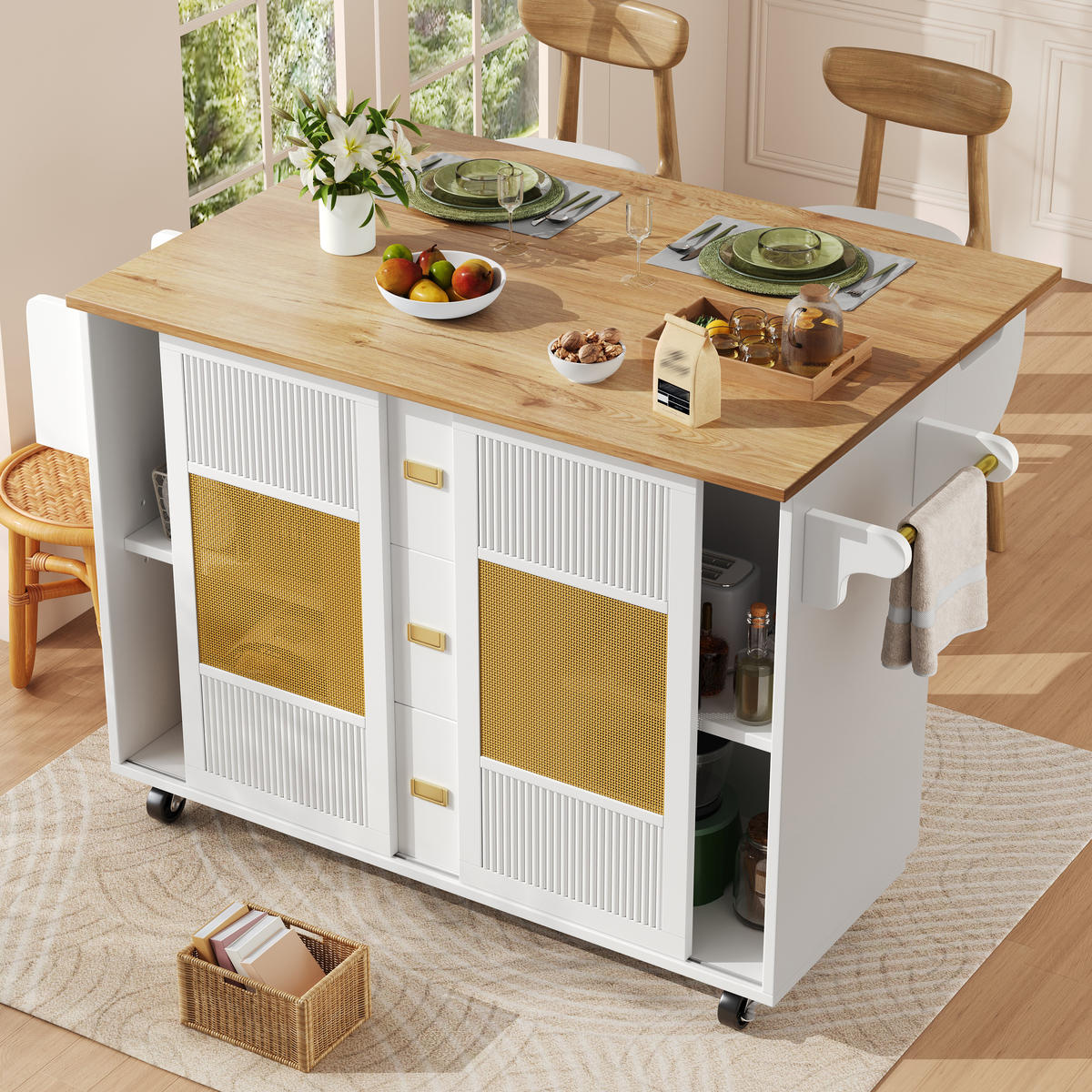 KÜCHENINSEL mit Rollen 146,85/70/90 cm Weiß mit Klapptisch, 3 Schublade und Rattan-Schiebetüren - Weiß, Holz/Holzwerkstoff (146.85/90/70cm) - Oxeza