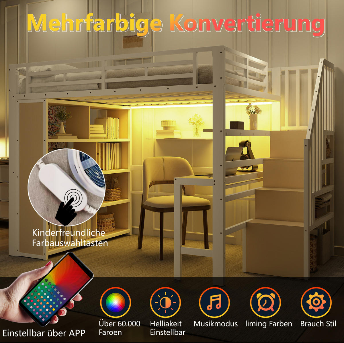 HOCHBETT mit Schreibtisch 140/200 cm in Weiß – mit Stauraumtreppe und LED-Lichtleiste - Weiß, Metall (140/200cm) - BEAOK