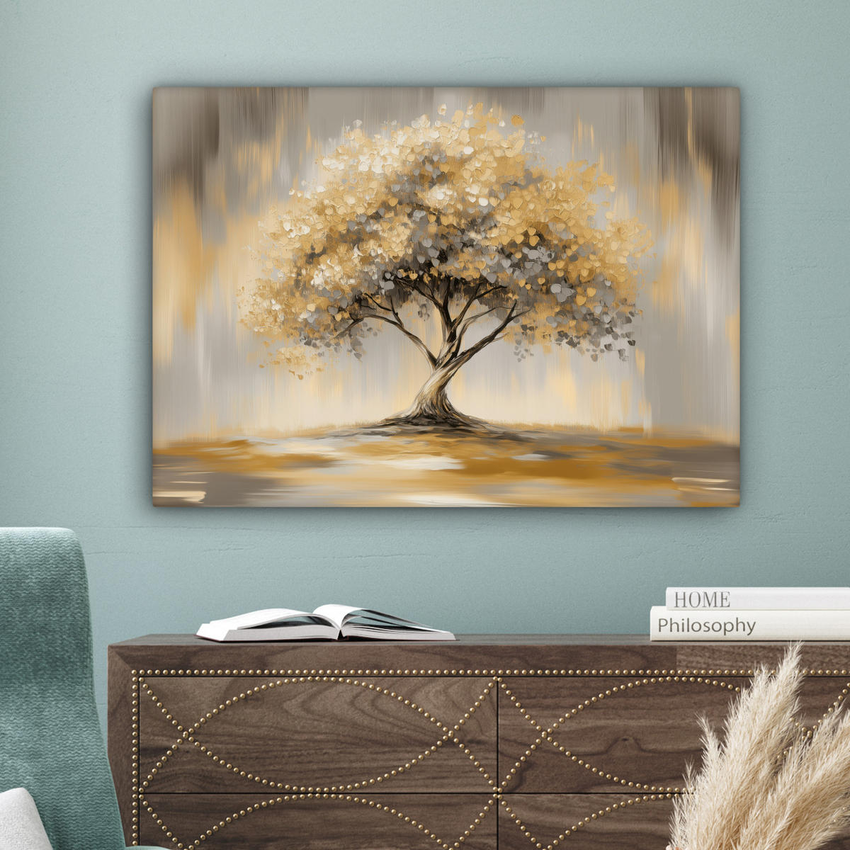 LEINWANDBILD Gemälde - Baum - Abstrakt - Blätter Wandbilder 80x60 cm - Beige, Textil (80/60cm) - MuchoWow