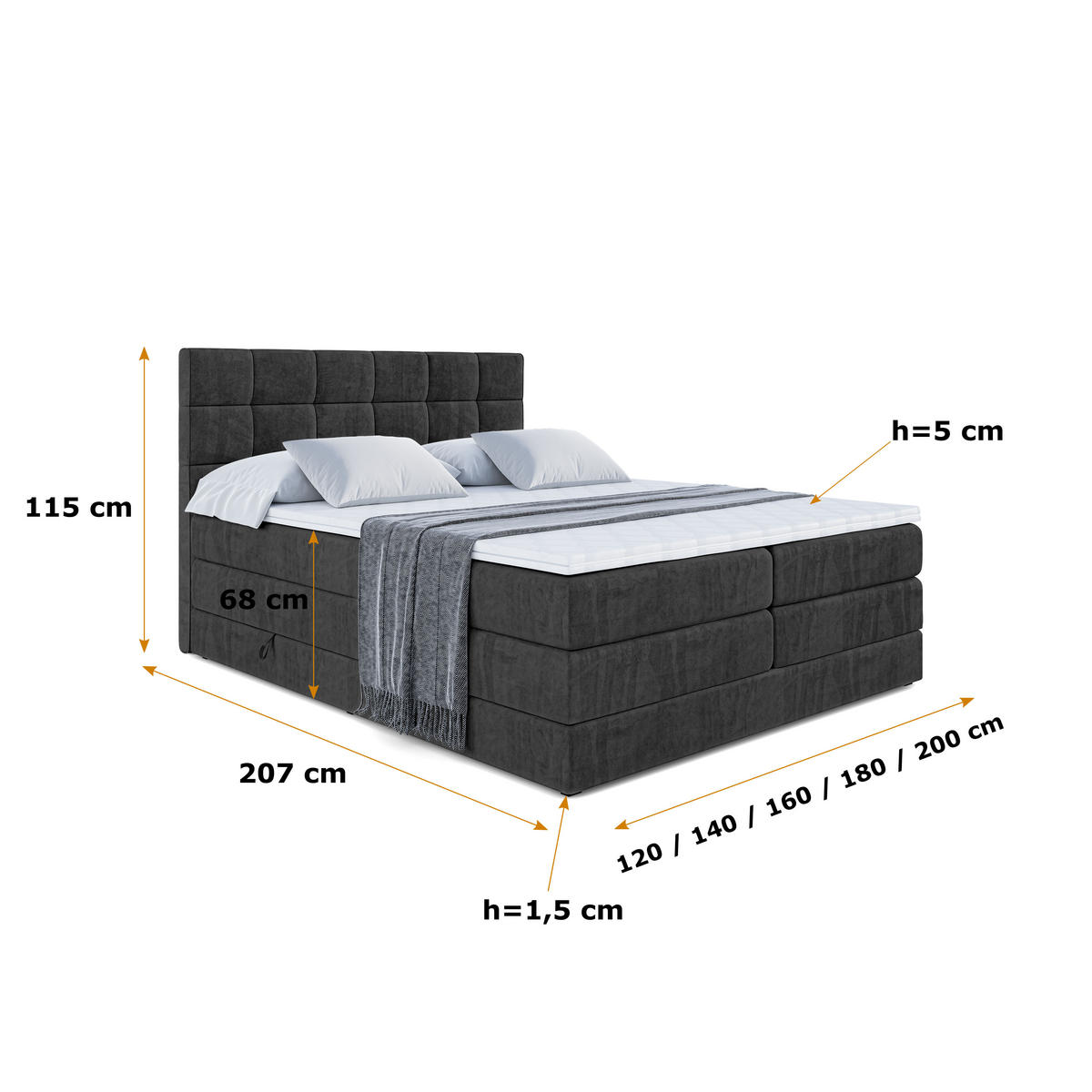 BOXSPRINGBETT APO KING - 120 x 200 - H3/H4 - Schwarz - Schwarz, Holzwerkstoff (120/200cm) - ALTDECOR