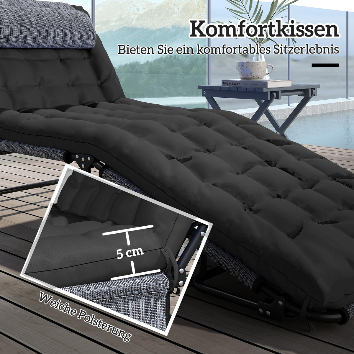 SONNENLIEGE mit Seitentasche Schwarz - Schwarz, Textil/Metall (189/30/68cm) - Outsunny