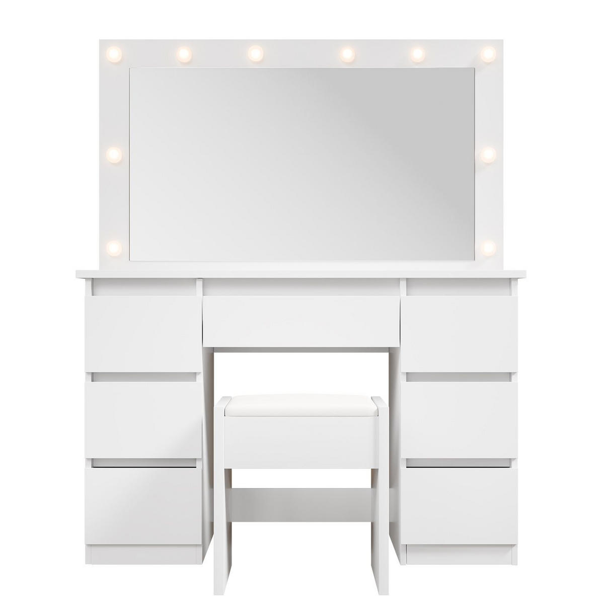 SCHMINKTISCH Lilia weiß mit LED-Beleuchtung und Hocker Melly - Weiß, Holz (108/140/41cm) - Juskys