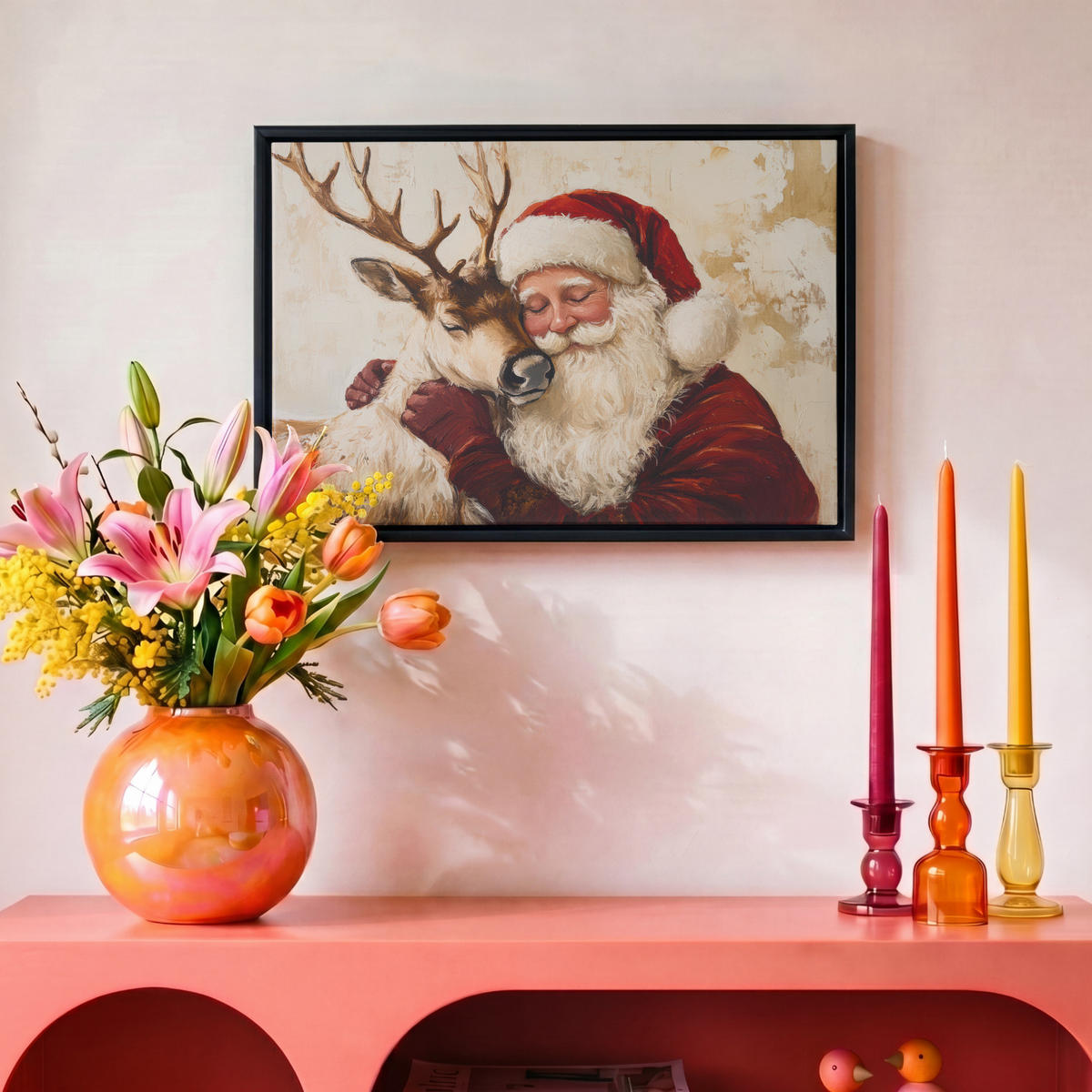 LEINWAND Bilder mit Rahmen - Weihnachtsmann - Rentier - Weihnachten - 30x20 - Rotbraun, Textil (30/20cm) - MuchoWow
