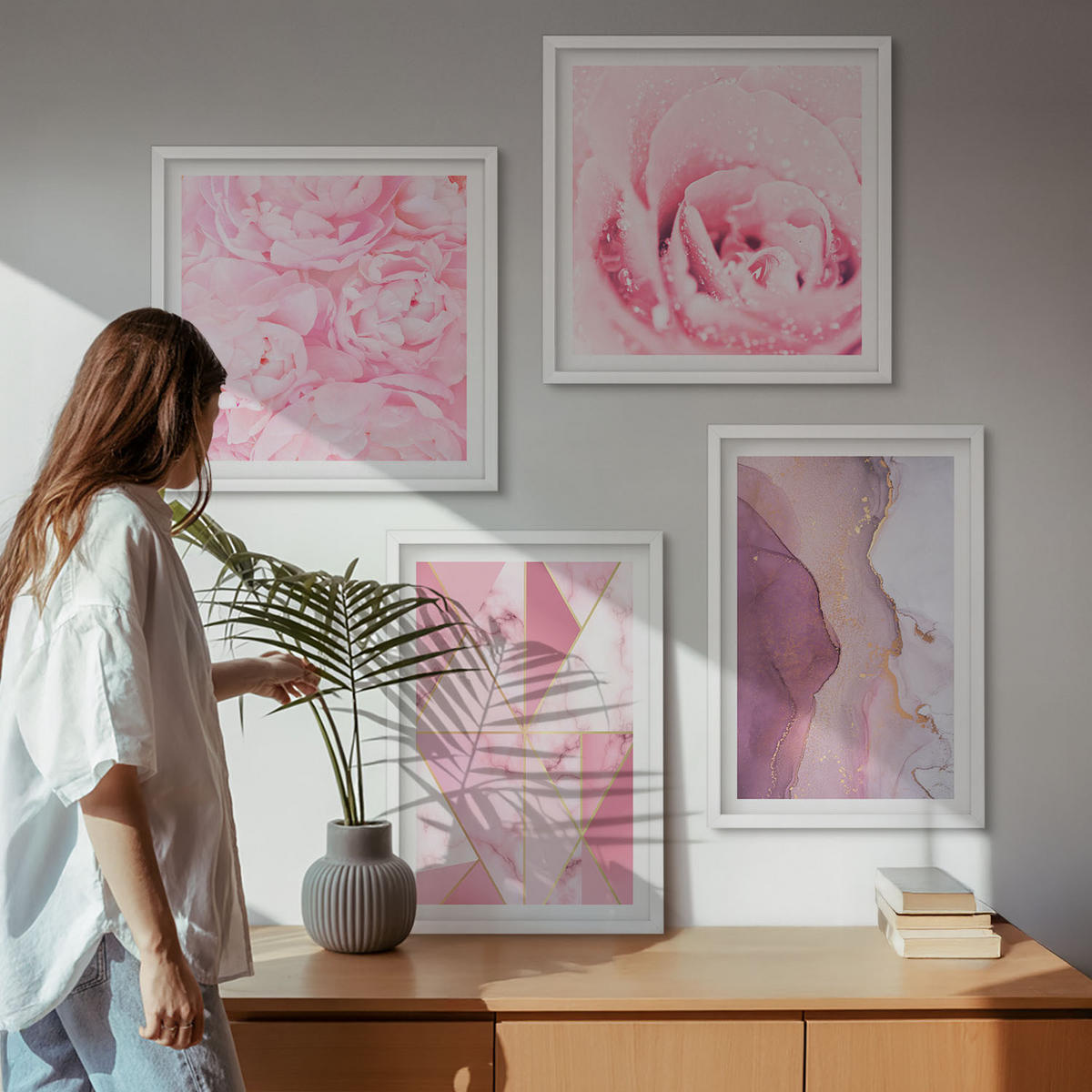 WANDBILDER 4er-Set - 50x50 cm & 40x60 cm Weißer Rahmen - Rosa geometrische Pfingstrosen - Weiß, Kunststoff (50/50cm) - ArtPrintCave