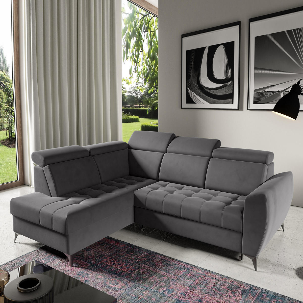 ECKSCHLAFSOFA Aurora II mit verstellbare Kopfstützen, Anthrazit, links - Anthrazit/Schwarz, Textil (266/204cm) - Beautysofa