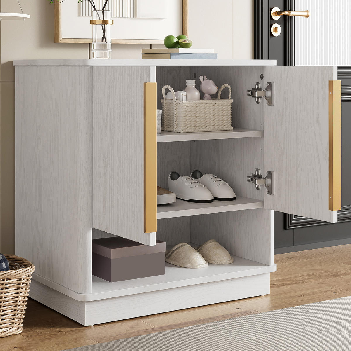 SCHUHSCHRANK 60x40x61 Weiß 2 Türen Offenes Fach Holzoptik - Weiß, Holzwerkstoff (40/61/60cm) - FLIEKS