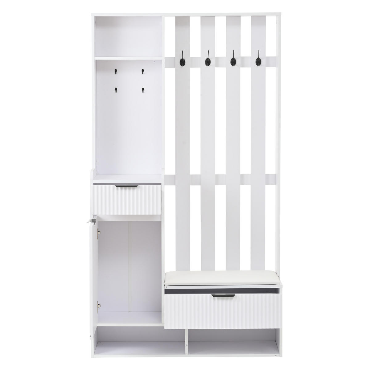 GARDEROBE mit 8 Haken Schubladen und Schrank Weiß 100/30/180 cm - Weiß, Holzwerkstoff (100/180/30cm) - EVRYAE