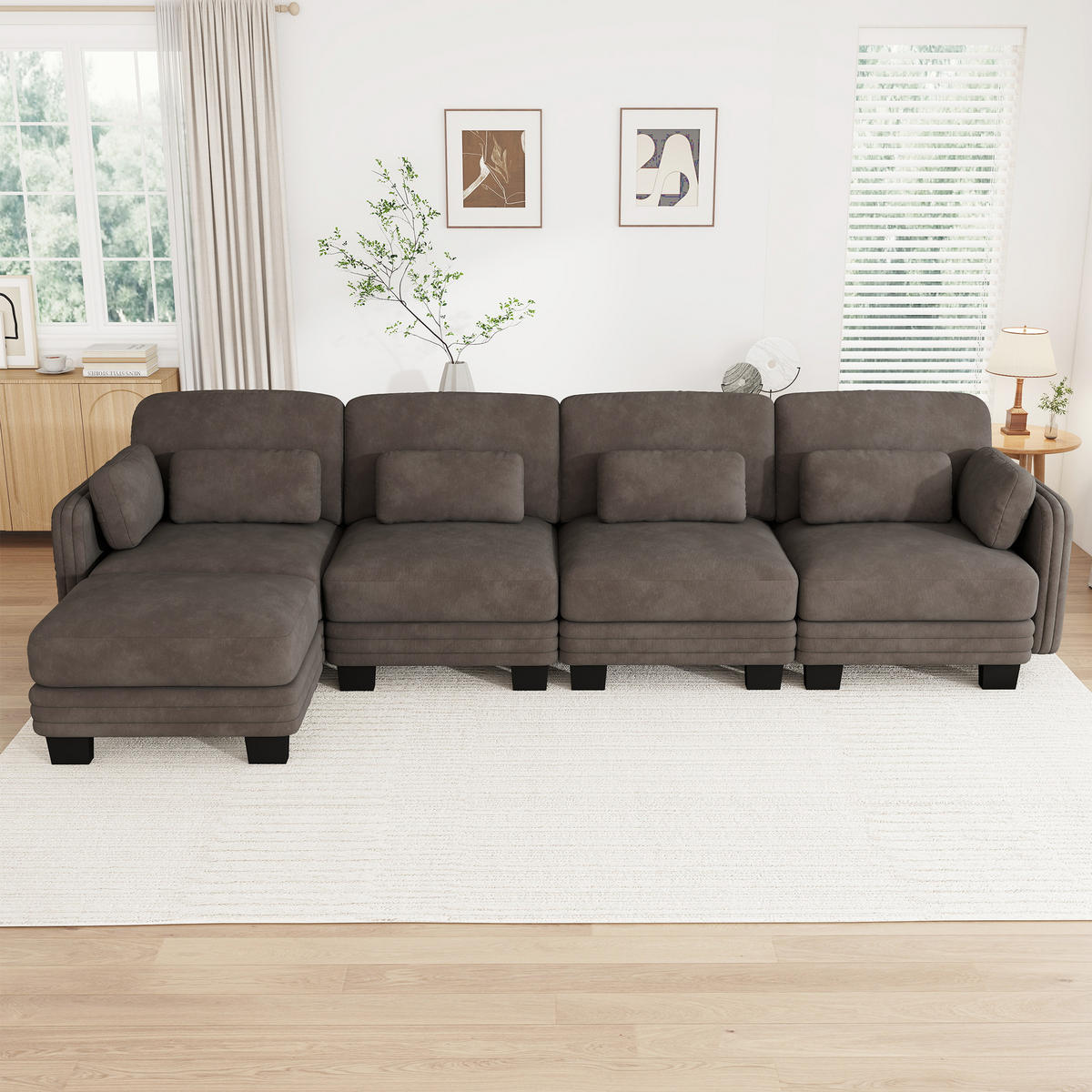 ECKSOFA L-Form 4-Sitzer modular mit Ottomane, DE-42686, Braun - Braun, Holz (330/143cm) - ComfortXL