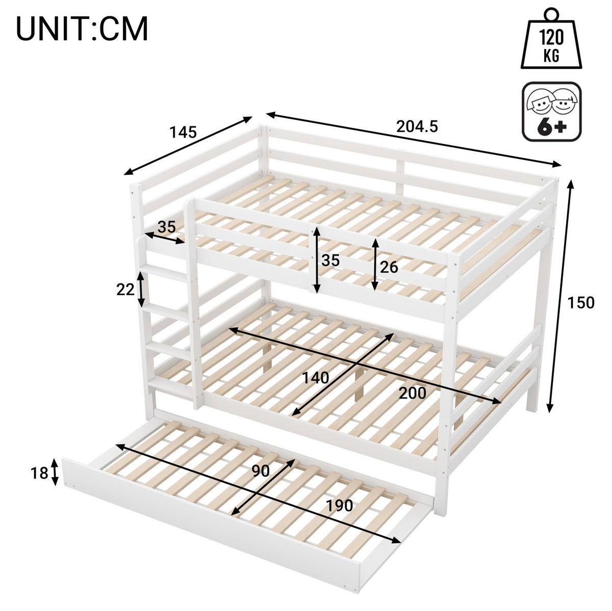 PATROVÁ postel 140/200 cm bílá s výsuvnou postelí a pevnými schody - bílá, dřevo (140/200cm) - OKWISH