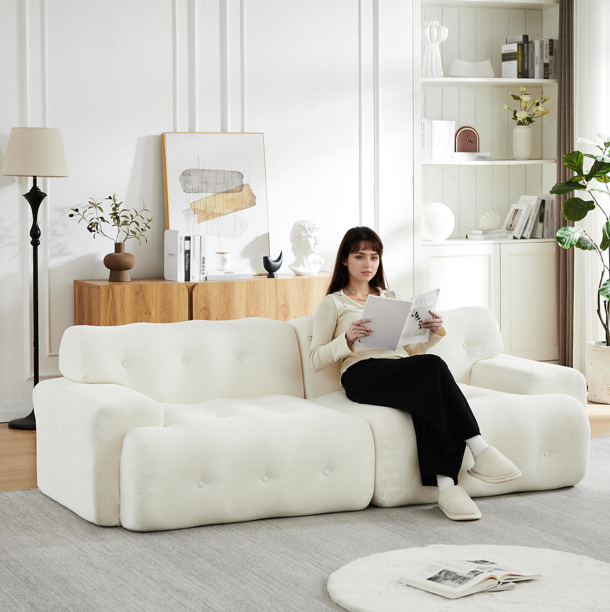POHOVKA 224/104/66 cm béžová z chenille s oblými hranami a prošíváním s knoflíky - béžová, textil (104/66/224cm) - OKWISH