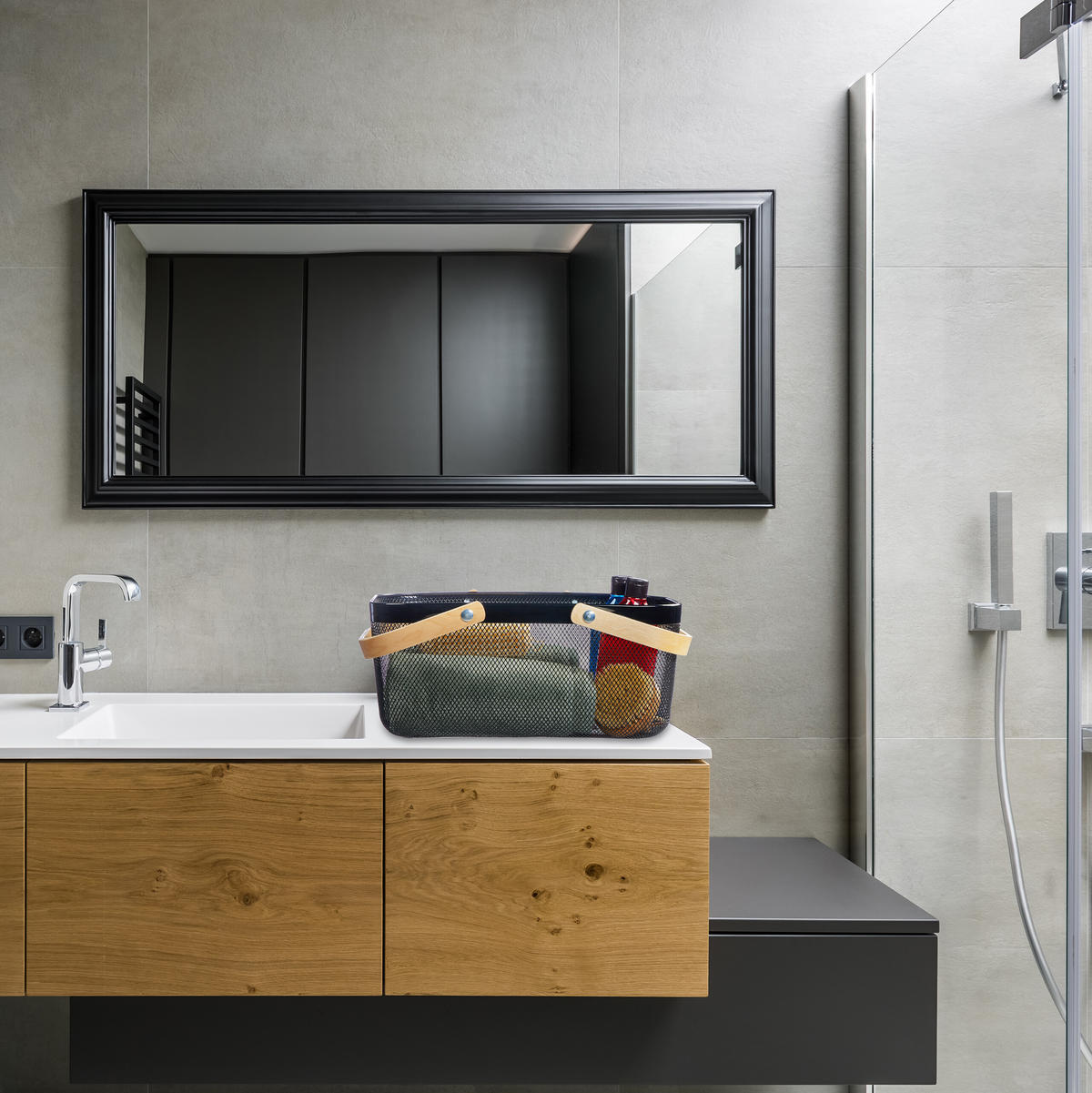 DRAHTKORB - Schwarz, Holz/Metall (43/17.5/27cm) - Relaxdays