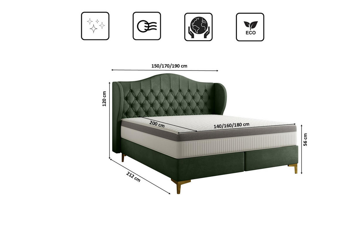BETT mit Taschenmatratze LEGEND, Whisper-Stoff Grün 180x200 cm - Grün, Holz/Textil (180/200cm) - Kaiser Möbel