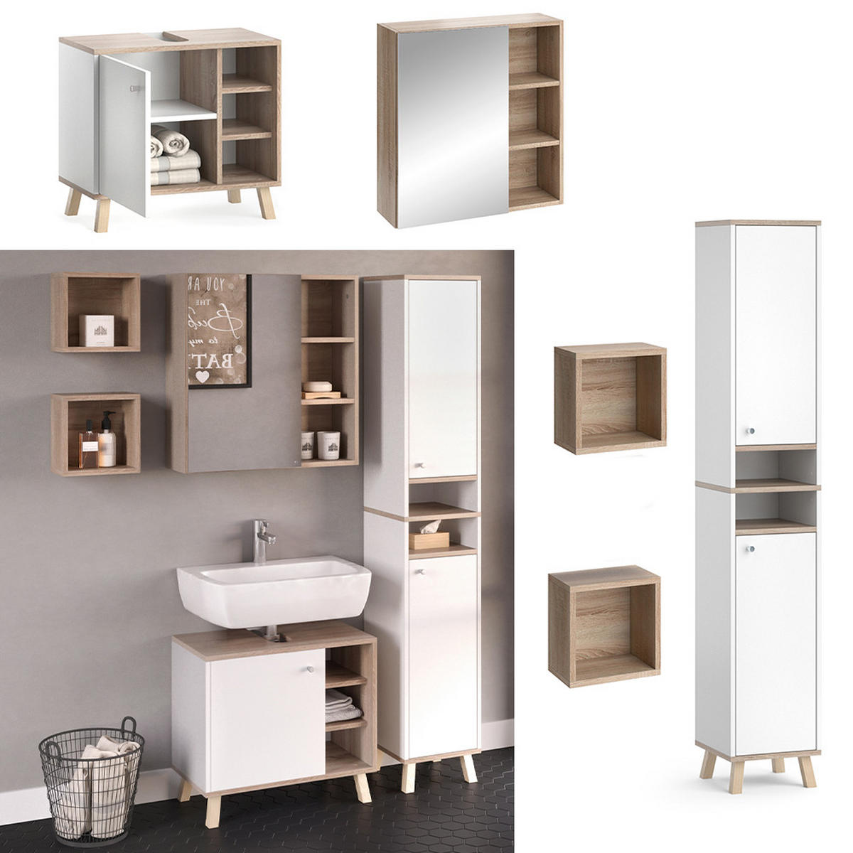 BADMÖBEL-SET Senyo Weiß 4 Teile, mit Hochschrank - Weiß/Sonoma Eiche, Holzwerkstoff (62/54/32cm) - Vicco