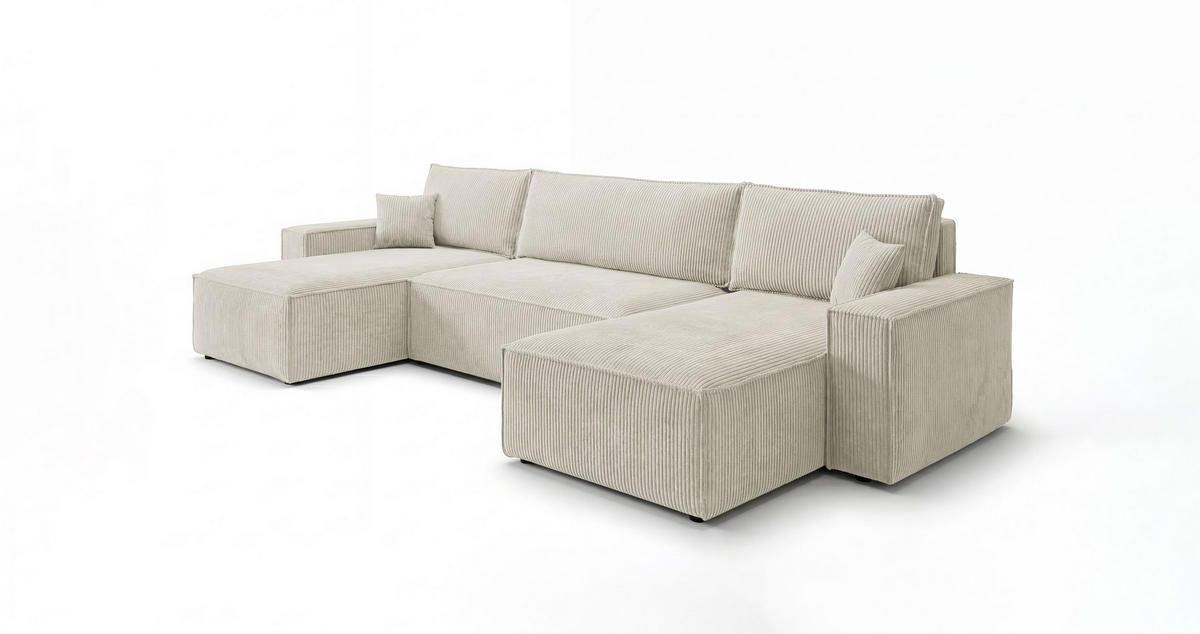 WOHNLANDSCHAFT CALIFORNIA MINI U-Form weiß Cord Poso 100 - Schlaffunktion, Bettkasten - Weiß, Textil (312/85/142cm) - Cornero