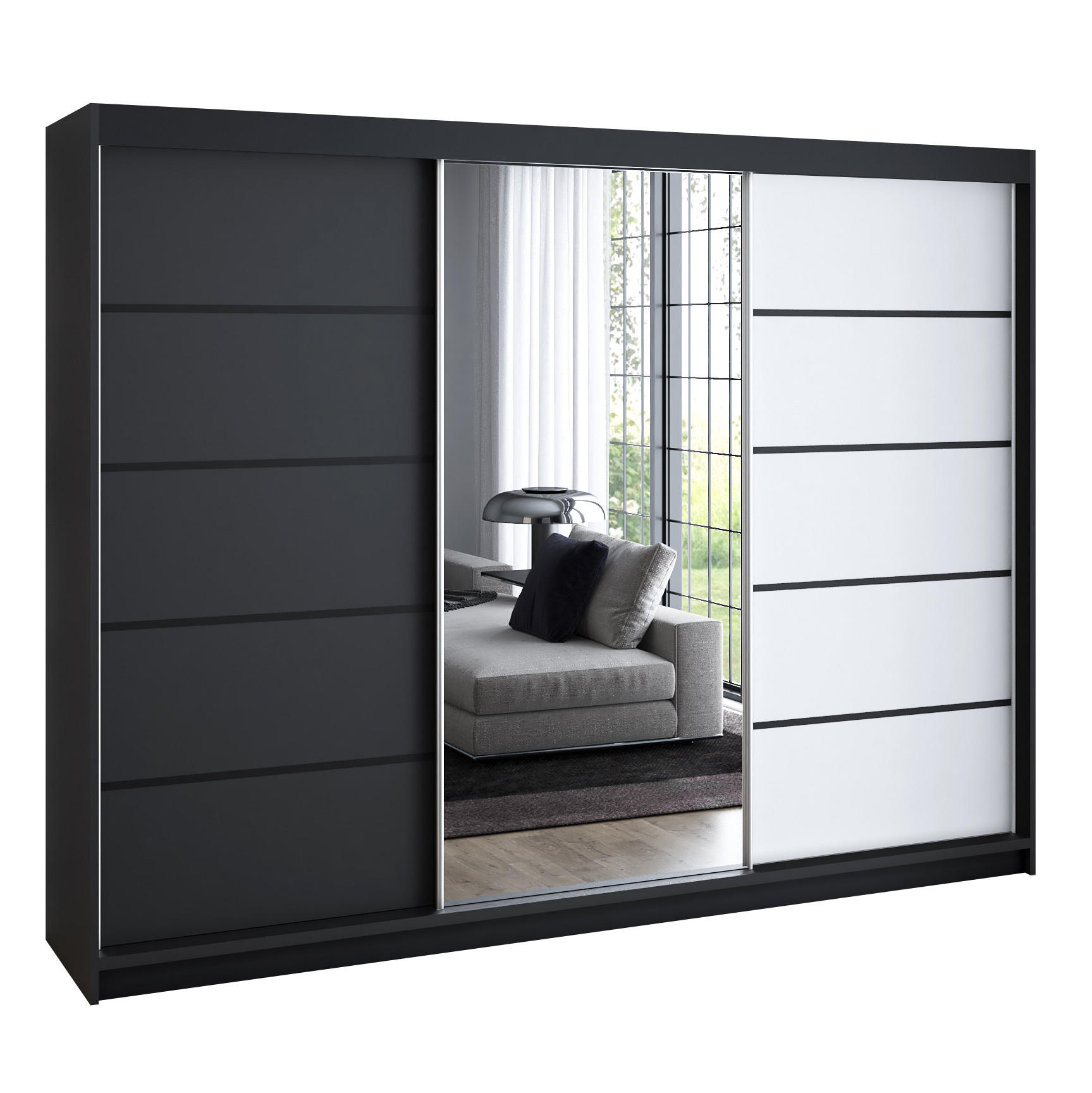 A&J MöbelLand Schwebetürenschrank Schwarz, Schwarz, Weiß 200x215x59.5 cm