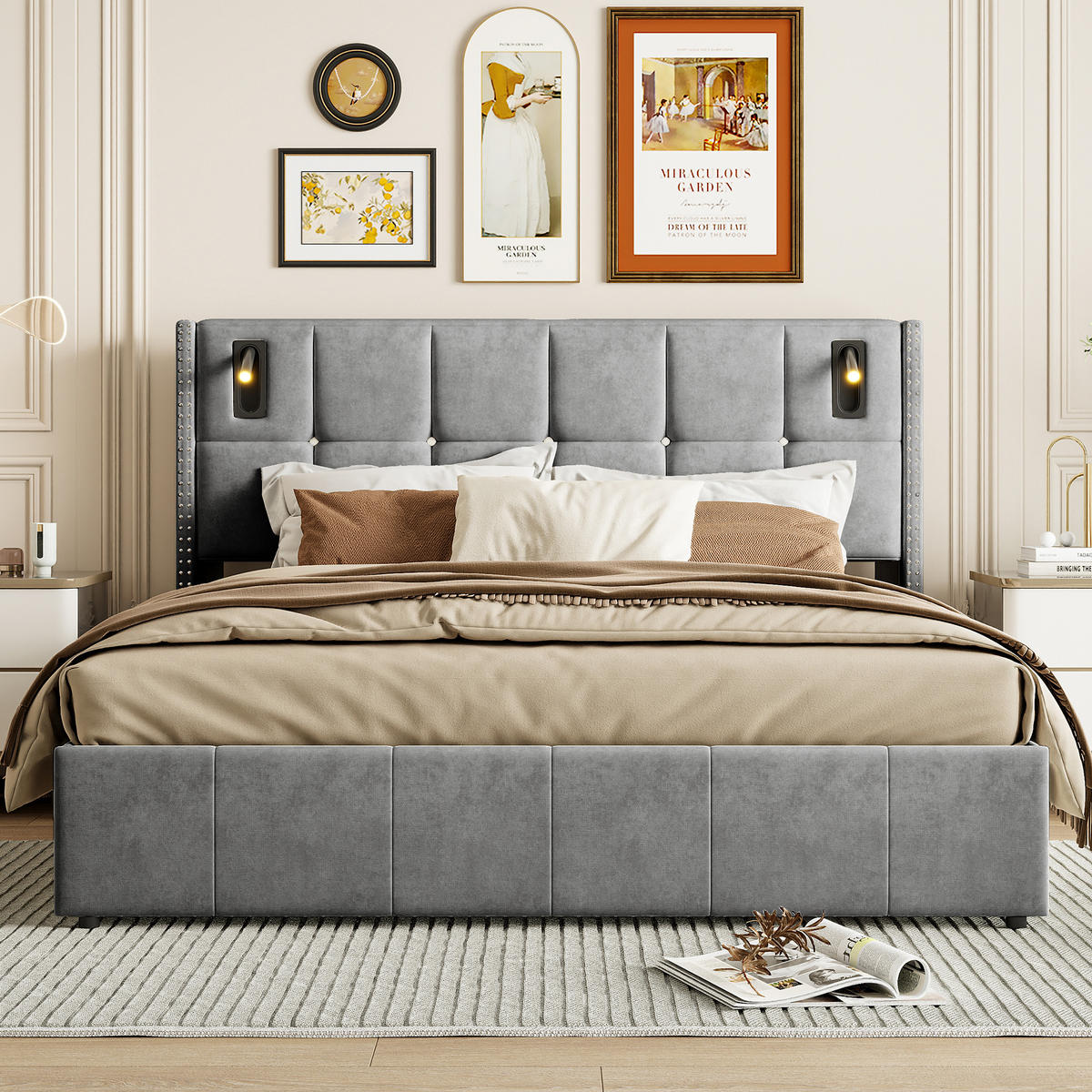 POLSTERBETT 160x200 cm Grau mit Stauraum und Schubladen, Doppelbett mit Lattenrost, modernes Bett - Naturfarben/Grau, Holz/Metall (160/200cm) - PARAFTA HOME