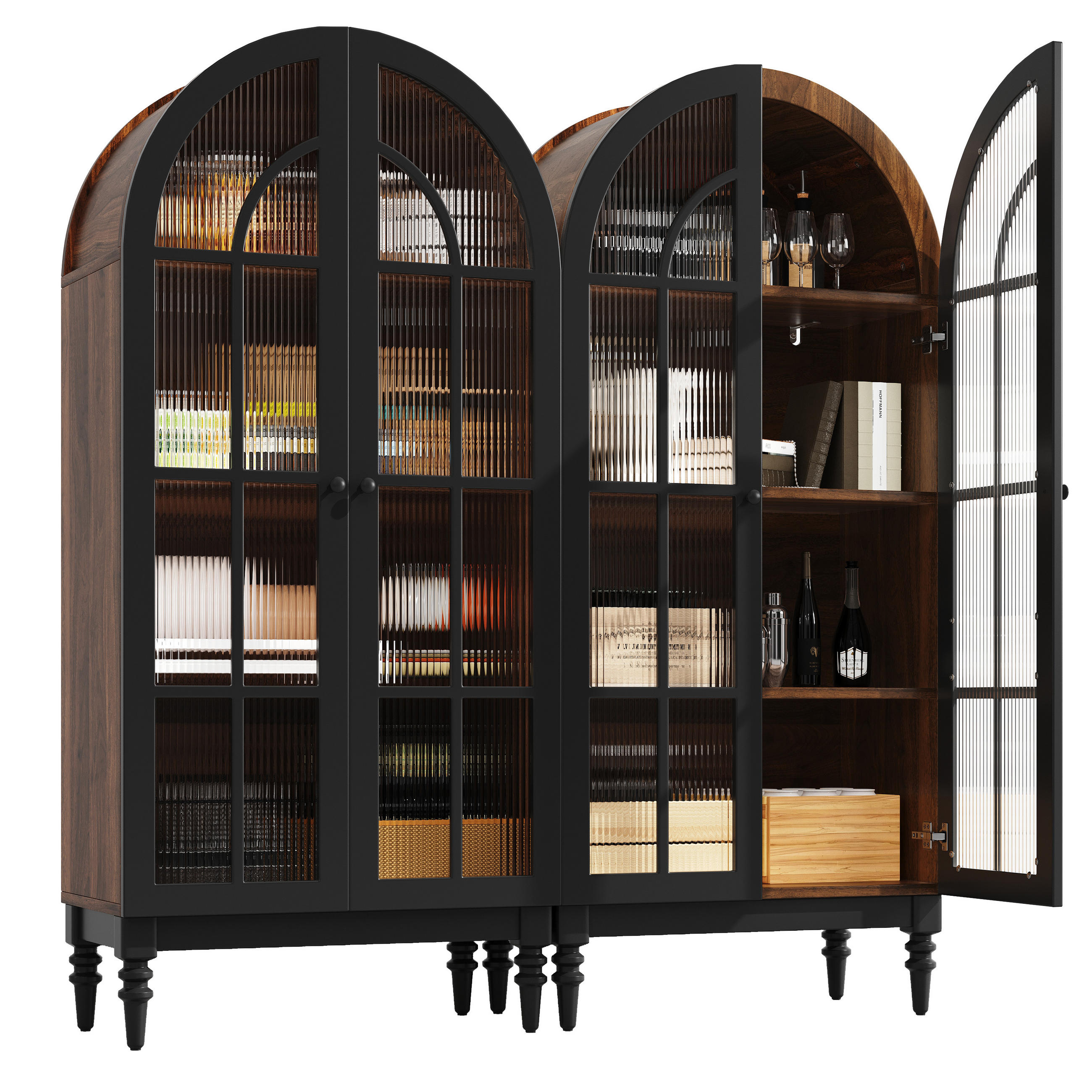 VITRINE DE-38420 2er-Set 152/35/165 cm mit Bogen-Design und Glastüren Schwarz - Schwarz, Holzwerkstoff (76/165/38.5cm) - ComfortXL
