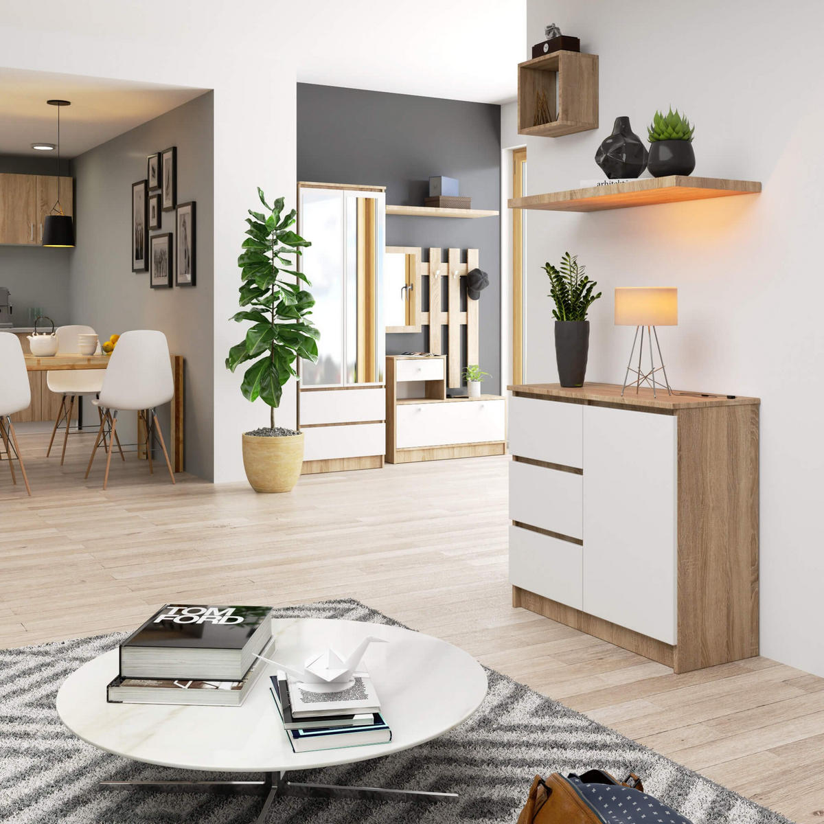 KOMMODE Jerry, Sonoma-Weiß, 35x80x77 cm - Weiß/Sonoma Eiche, Holz (80/77/35cm) - Milordbikes