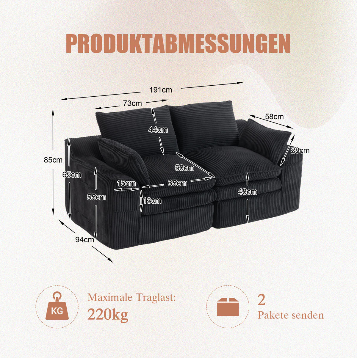 2-SITZER-SOFA 191/94/85 cm mit Seitentaschen und Kissen, Cordbezug und Federkern, Schwarz - Schwarz, Textil (191/85/94cm) - Redom