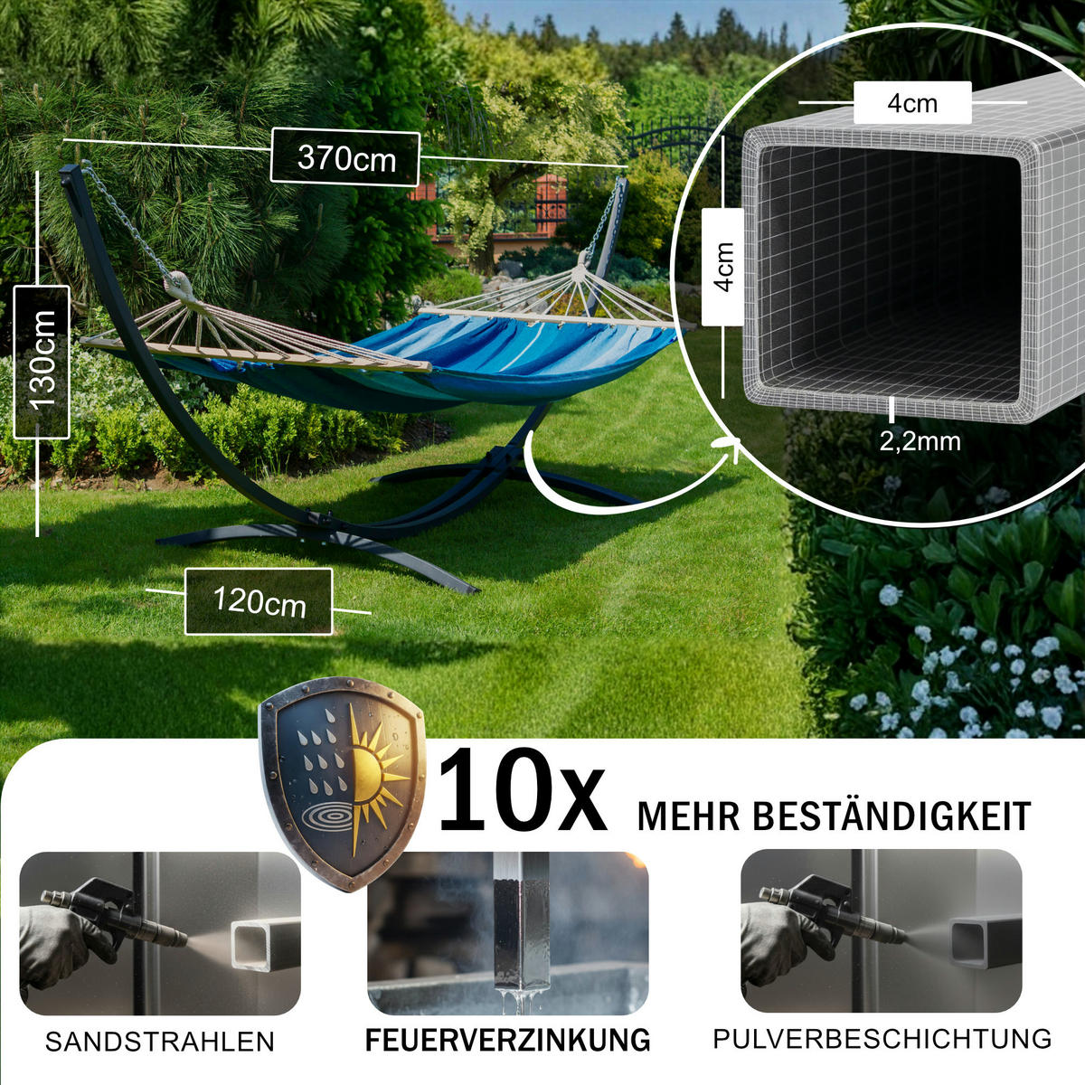 HÄNGEMATTE mit Verzinktem Gestell, 2 Personen, Stabhängematte, XXL, 200 kg, Metall, Rot, einfache Montage - Rot, Metall (370/130/120cm) - Potenza