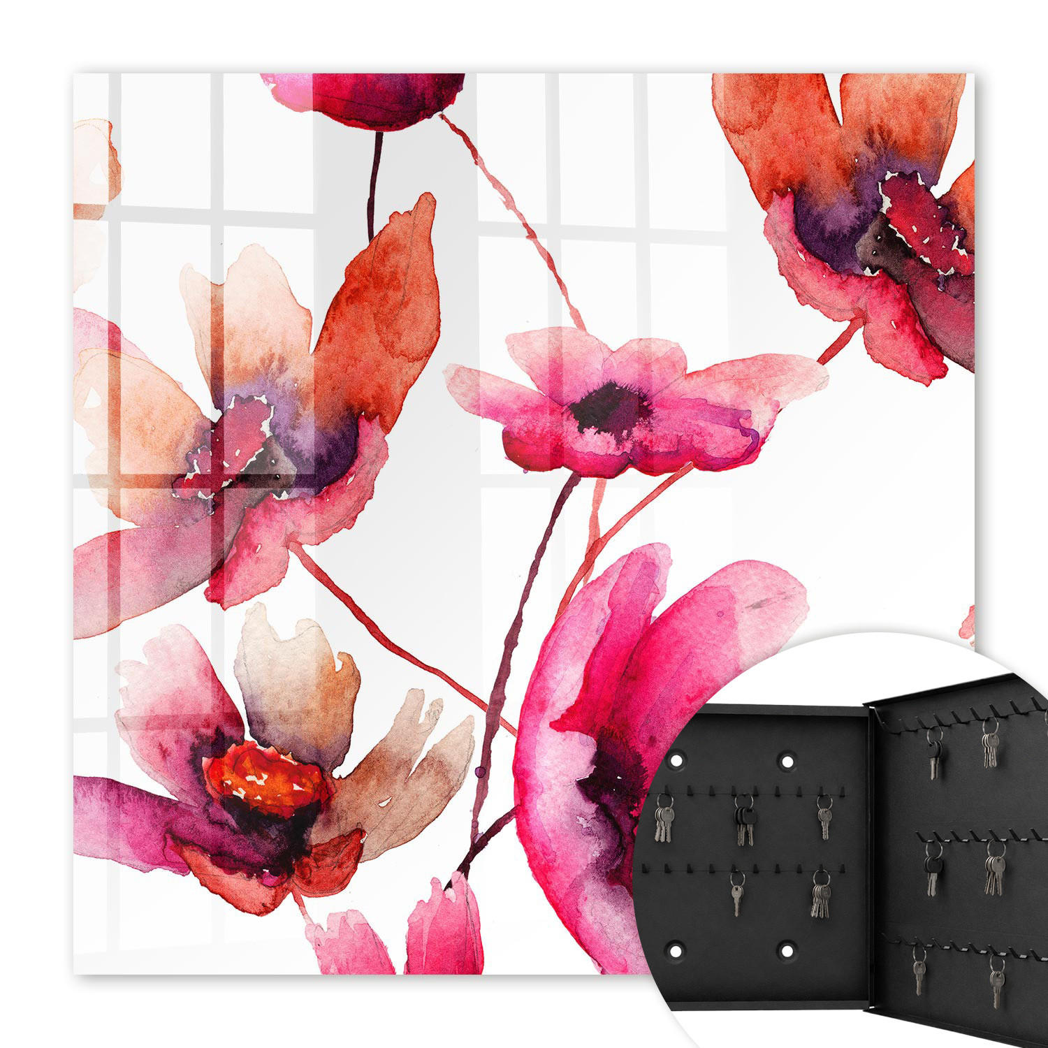 SCHLÜSSELBOX Schwarz 30x30 cm- Türöffnung nach rechts - Aquarellblumen - Rot, Metall (30/30/5cm) - TULUP