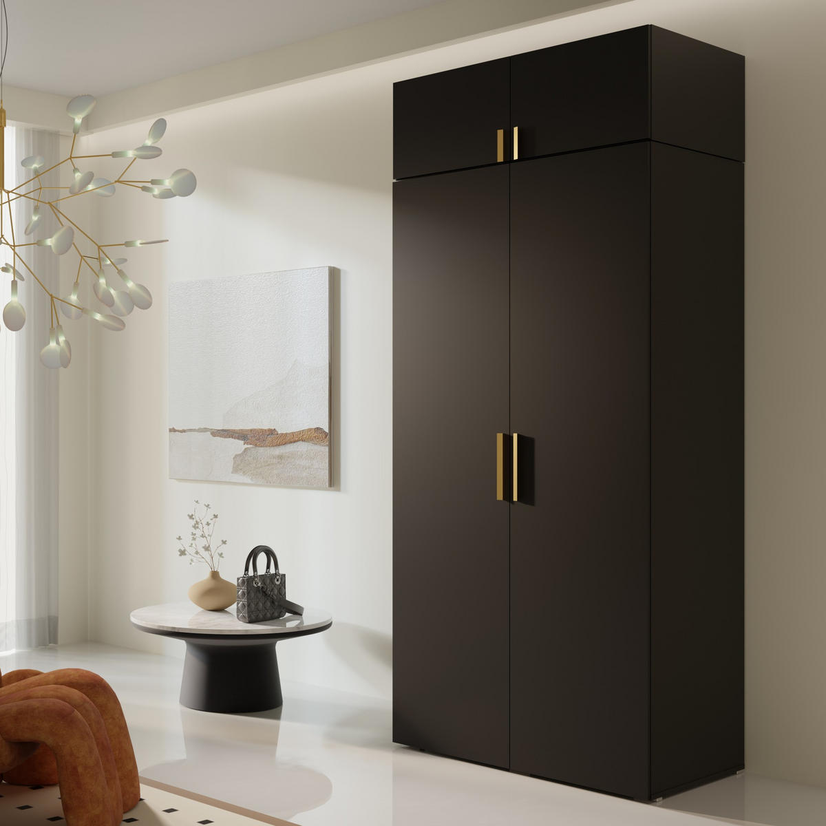 DREHTÜRENSCHRANK mit Aufsatz Napoli 2D 100 Schwarz (schwarzer oder goldener Griff) - Silberfarben/Schwarz, Holzwerkstoff/Kunststoff (100/35/60cm) - mzm24