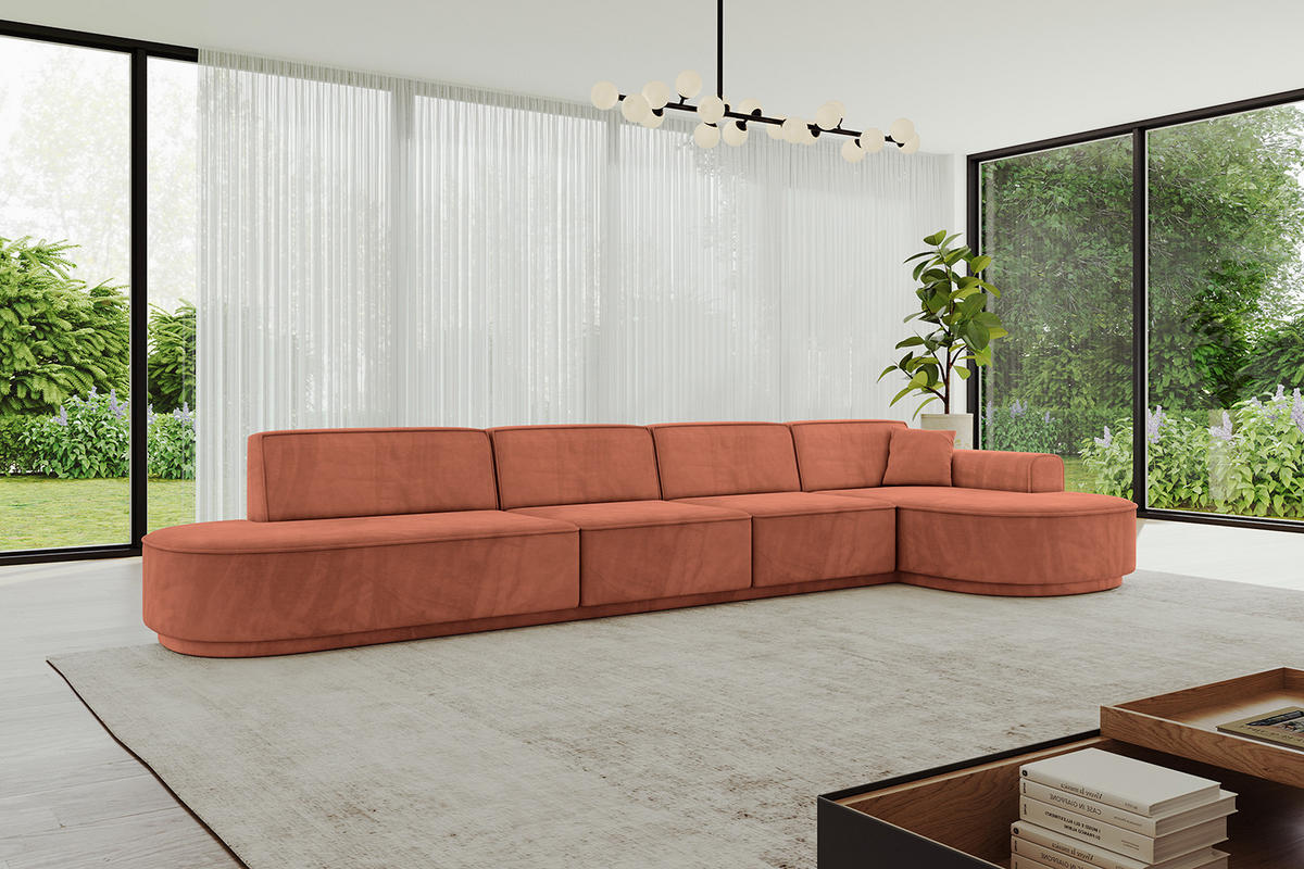 ECKSOFA Ottomane Rechts MARI-L3-v3 - 402x163x81 cm Koralle Velours - Koralle/Schwarz, Holzwerkstoff/Kunststoff (402/163cm) - ALTDECOR
