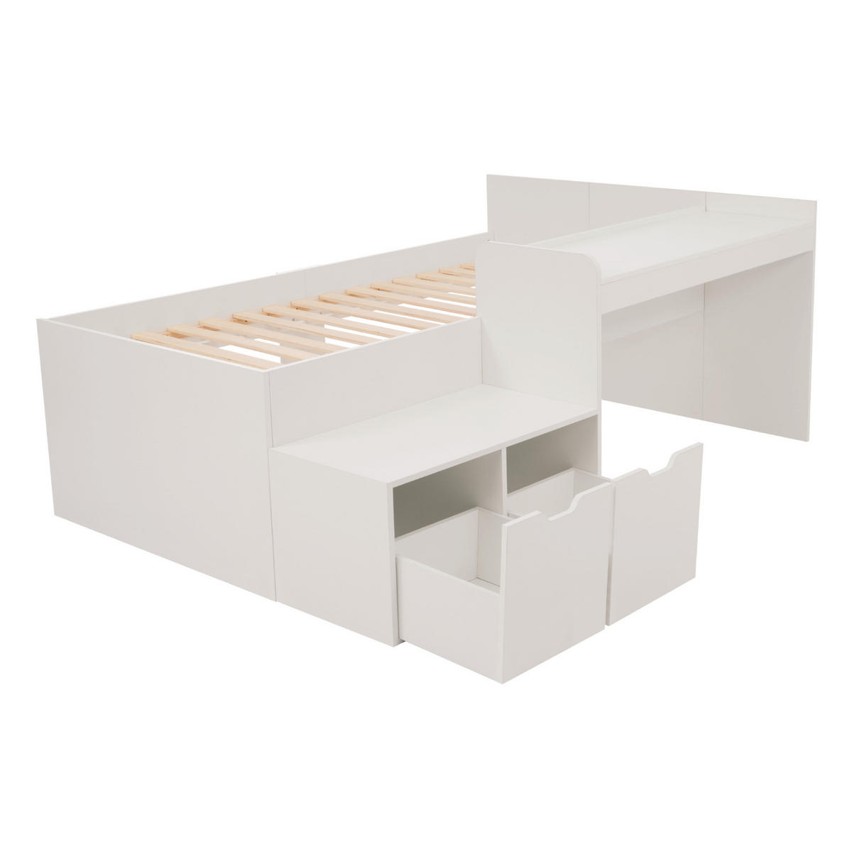 KINDEREINZELBETTEN aus Massivholz und MDF 90x200 cm in Weiß mit Schreibtisch & Schubladen - Weiß, Holzwerkstoff (90/200cm) - Modfu