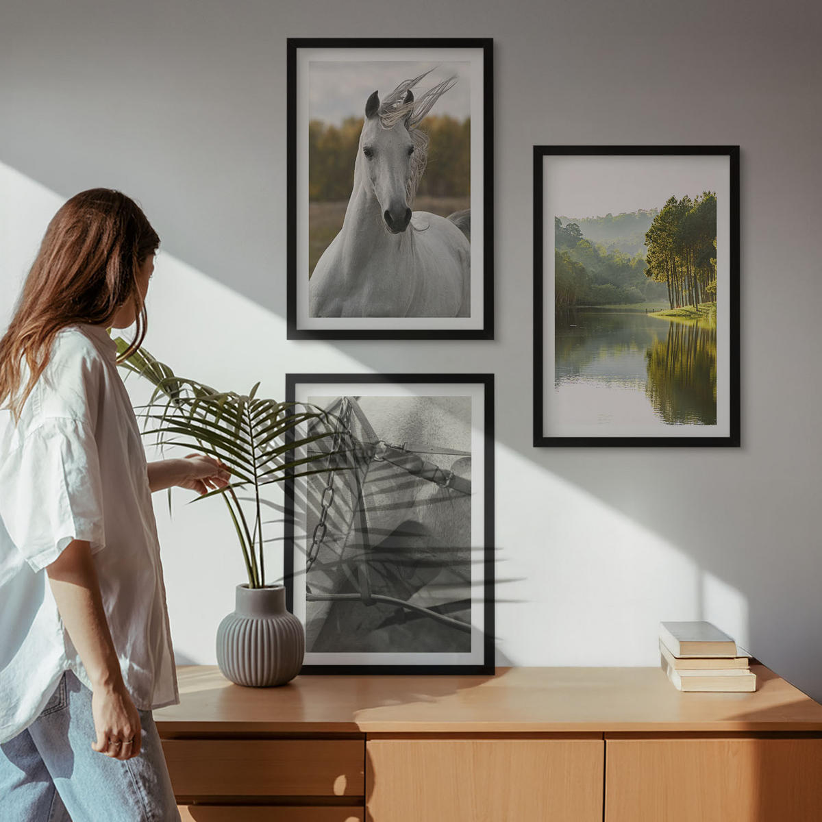 BILDER SET 3er Set - 40x60 cm Schwarzer Rahmen - Natur des Flusses White Horses - Schwarz, Kunststoff (40/60cm) - TULUP