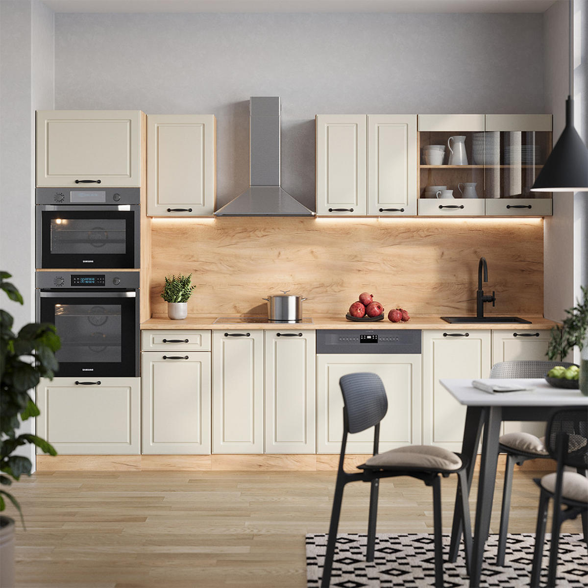 KÜCHENZEILE R-Line, Sand Landhaus/Goldkraft Eiche, 300 cm Arbeitsplatte Goldkraft Eiche - Honigeiche/Beige, Holzwerkstoff (300/206.8/60cm) - Vicco