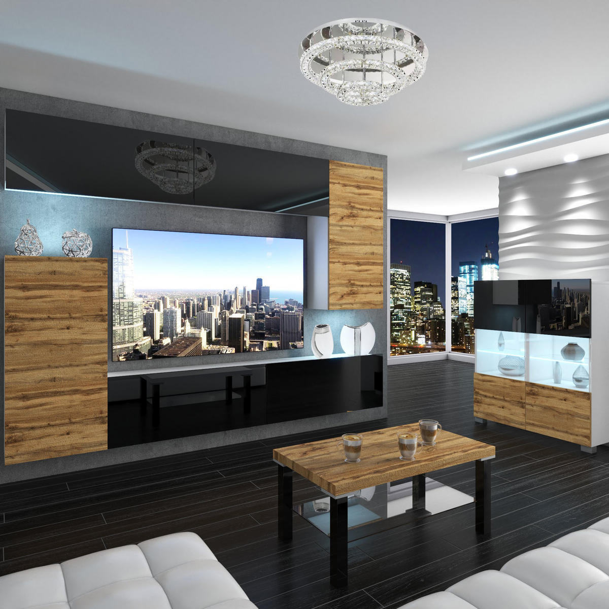 WOHNZIMMERWAND Schrankwand mit LED Schwarz / Eiche Wotan - Eiche Wotan/Schwarz, Holz (250/180/36cm) - B BELINI GROUP