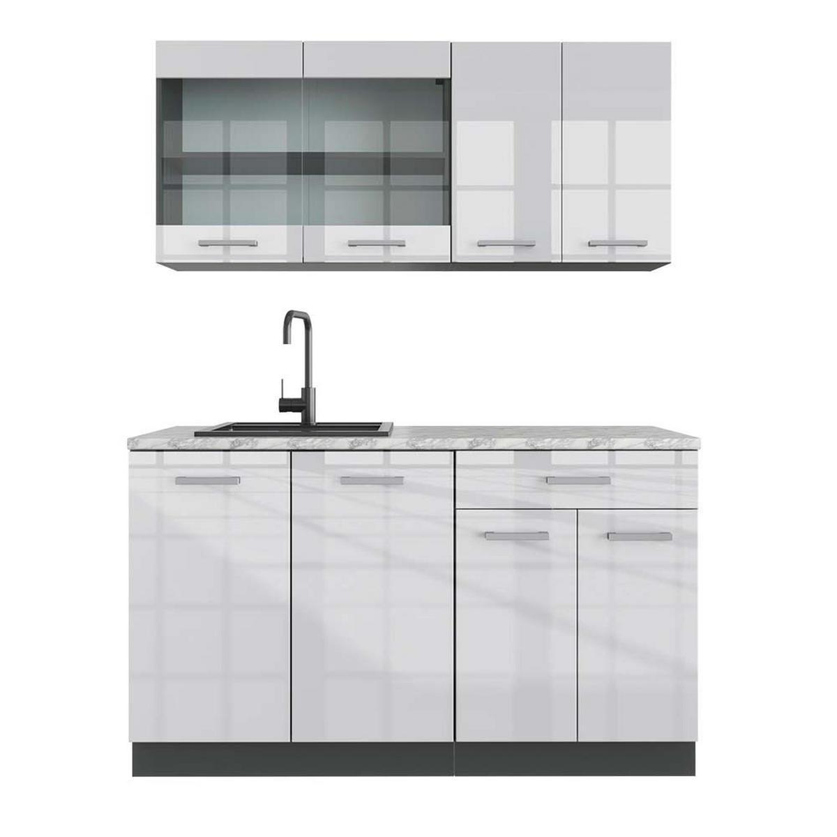 SINGLEKÜCHE R-Line Weiß Hochglanz/Anthrazit 140 cm, AP Marmor - Weiß Hochglanz/Anthrazit, Holzwerkstoff (140/81.6/60cm) - Vicco