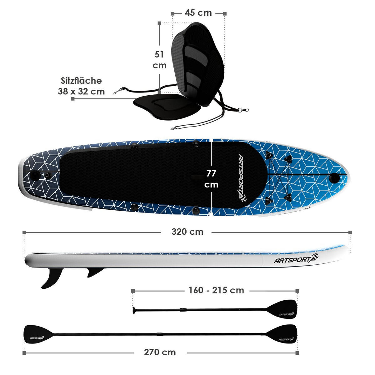 STAND UP Paddle Board Deep Ocean aufblasbar mit Kajak-Set - Blau, Kunststoff (320/77/15cm) - Artsport
