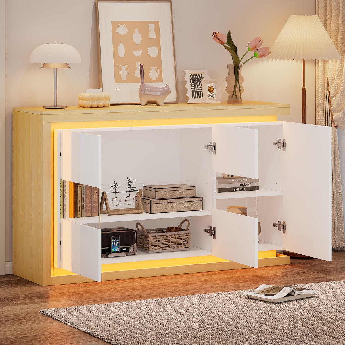 SIDEBOARD 140/40/84 cm in Weiß mit LED, Glastüren und Hochglanzfronten - Weiß/Naturfarben, Glas/Holzwerkstoff (140/84/40cm) - CHICFURN