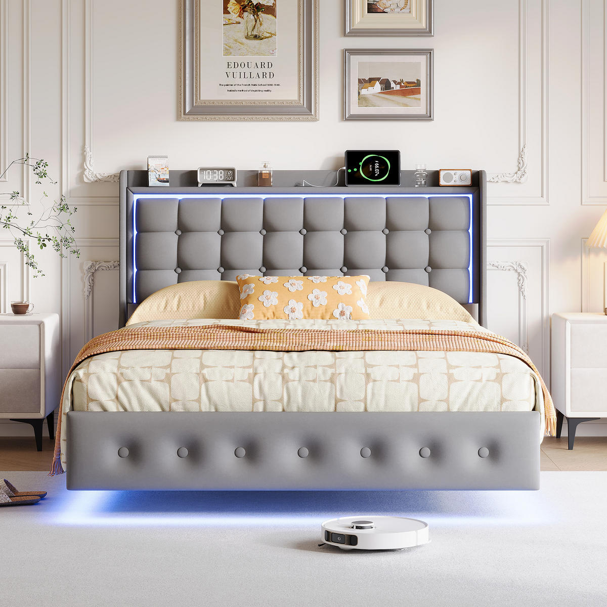 POLSTERBETT 140x200,Doppelbettmit LED und Ladefunktion,Schwebebett Design,Beige - Grau, Holz (140/200cm) - PARAFTA HOME