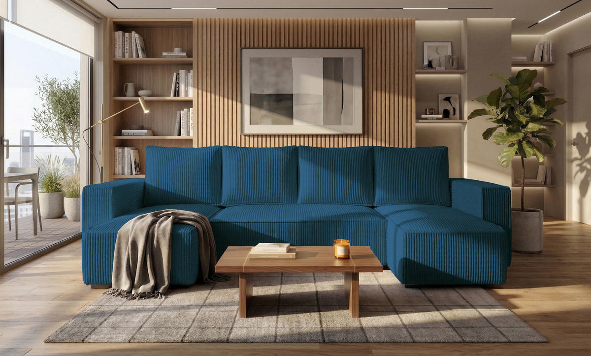 WOHNLANDSCHAFT CUDDY Umit Schlaffunktion und Bettkasten, Farbe: Blau, Cordstoff - Blau, Textil (305/85/140cm) - Storez24