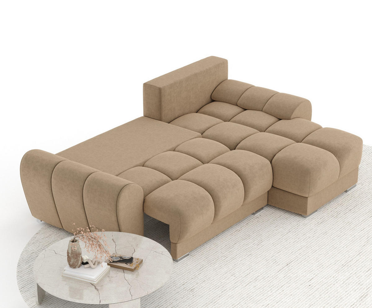 ECKSOFA MIT SCHLAFFUNKTION Peebles Beige Samtstoff - Chromfarben/Beige, Holz/Holzwerkstoff (256/175cm) - Maison de Reve