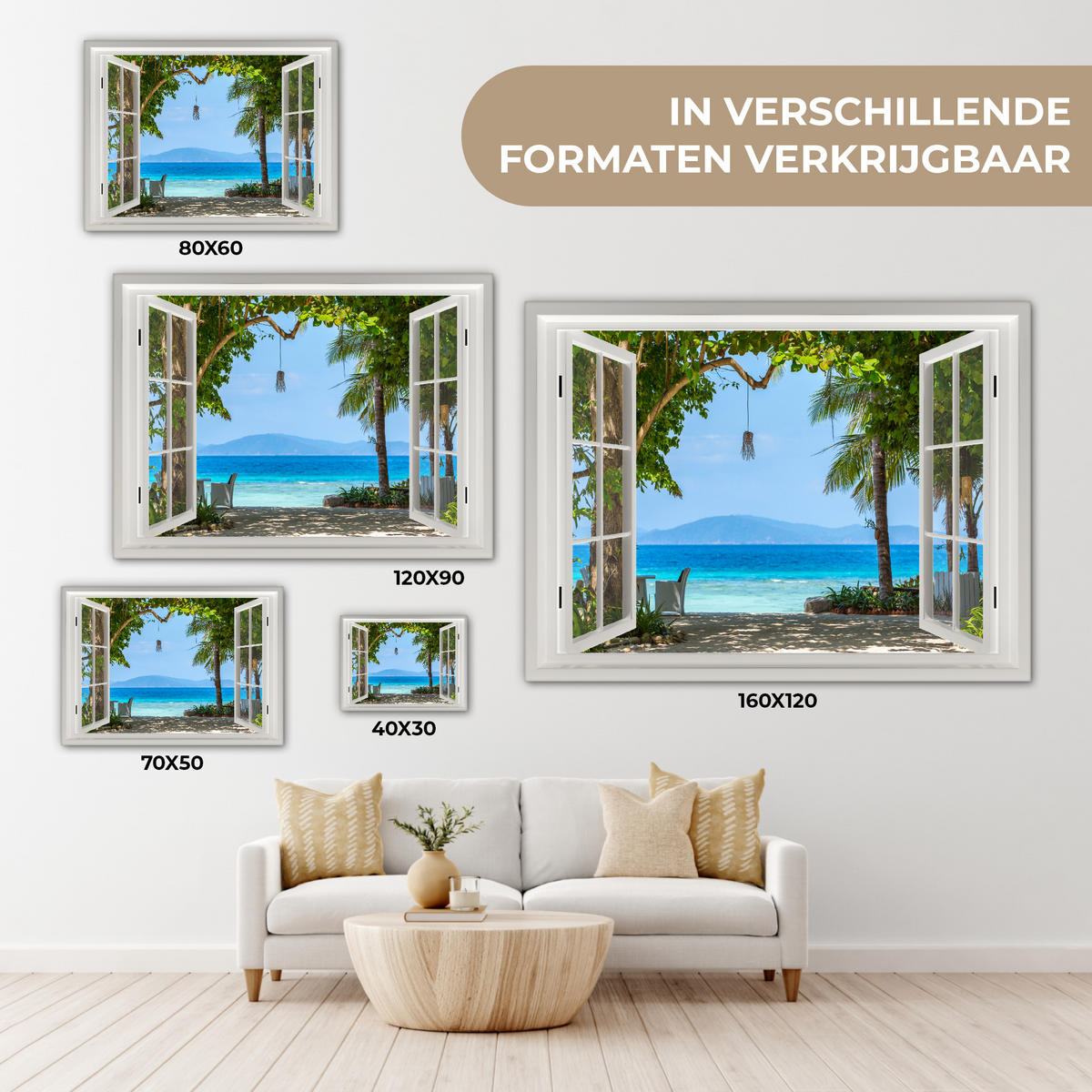 LEINWANDBILD Aussicht - Baum - Meer - Palme - Hügel - Strand - Blau Wandbilder 80x60 cm - Blau, Textil (80/60cm) - MuchoWow