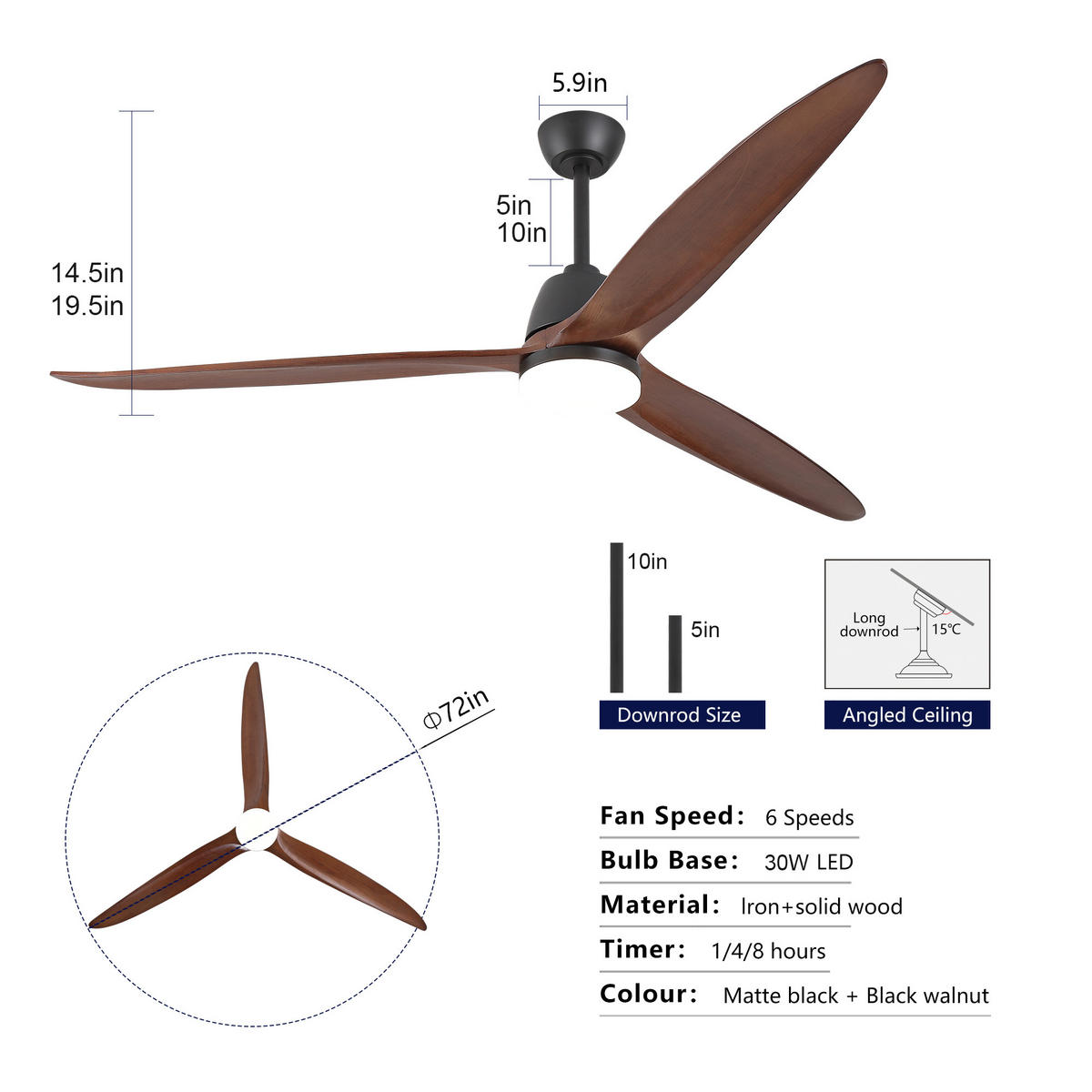 DECKENVENTILATOR DE-16239 72 Zoll dimmbar mit Steuergriff Schwarz - Walnussfarben, Holz/Metall (183/183/45cm) - ComfortXL