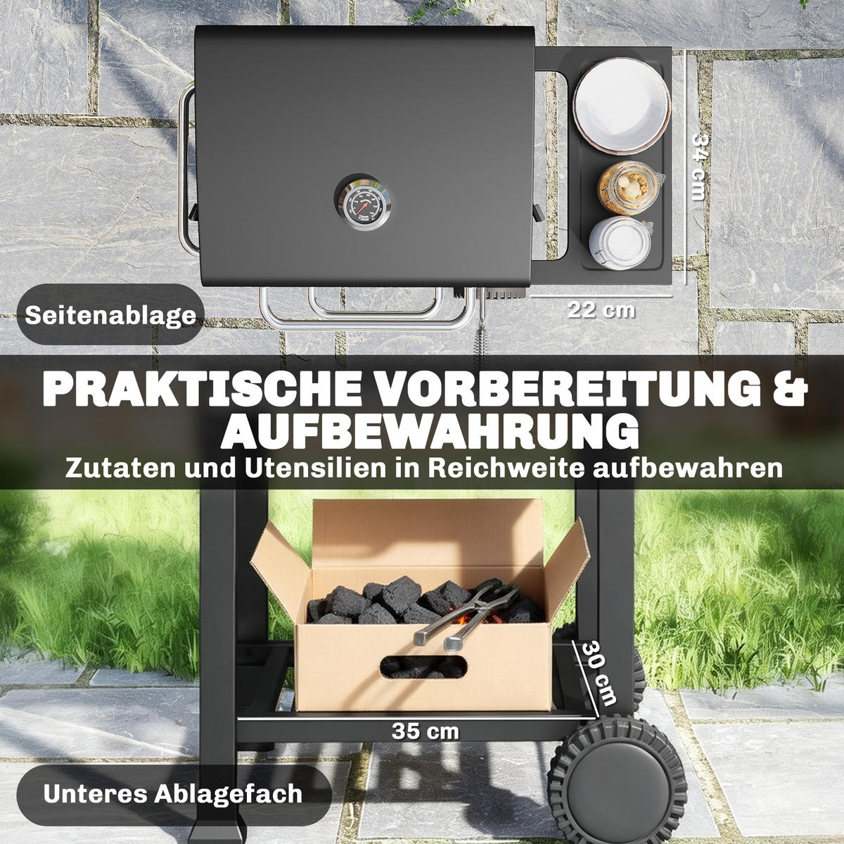 HOLZKOHLEGRILL DE-10244 kompakt mit Deckel und Thermometer Schwarz - Schwarz, Metall (59/94/75cm) - ComfortXL
