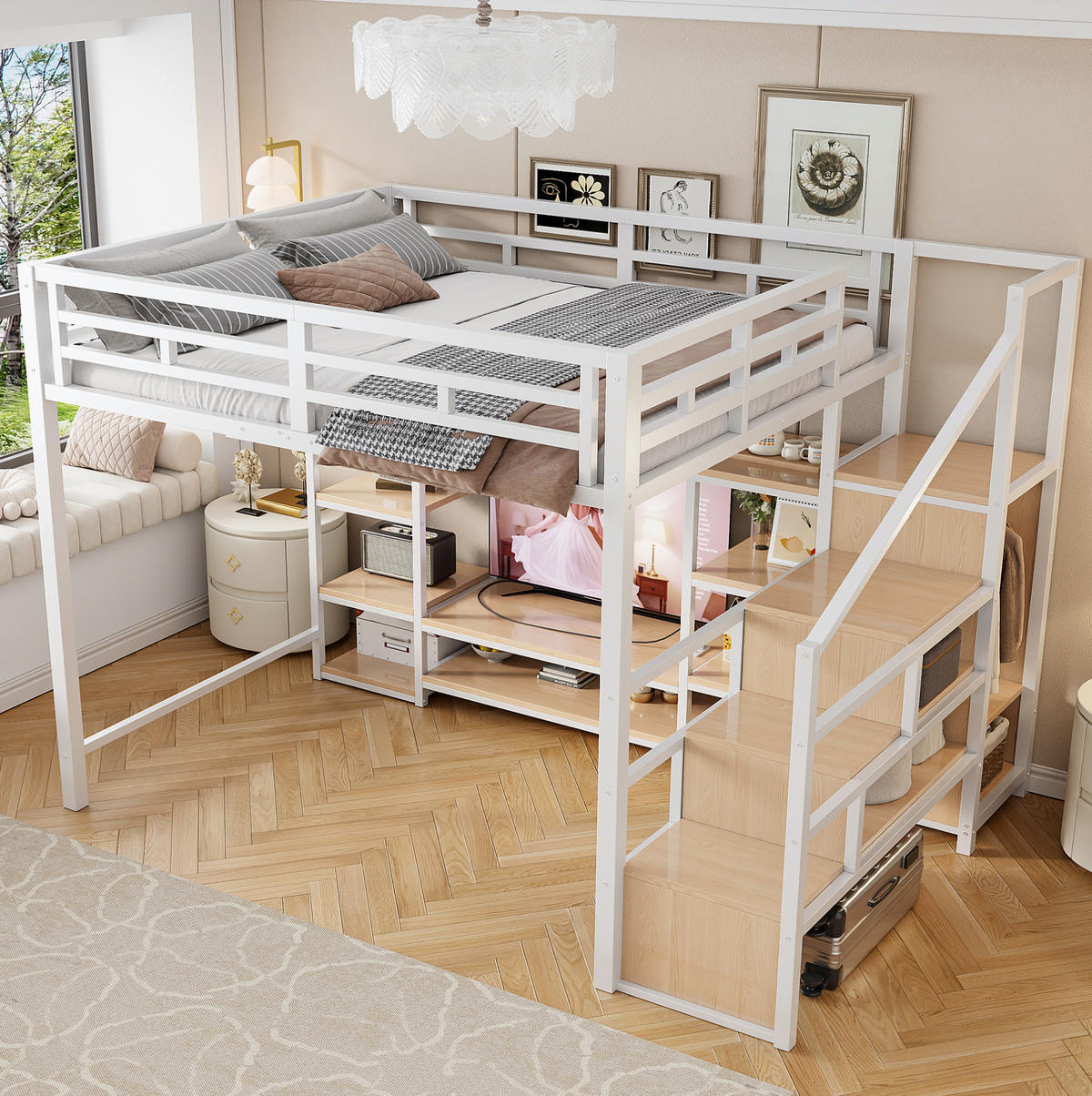 HOCHBETT 140/200 cm aus Metall und MDF mit TV-Ständer, Steckdose und Aufbewahrungsleiter Weiß - Weiß, Metall (140/200cm) - Modenvie