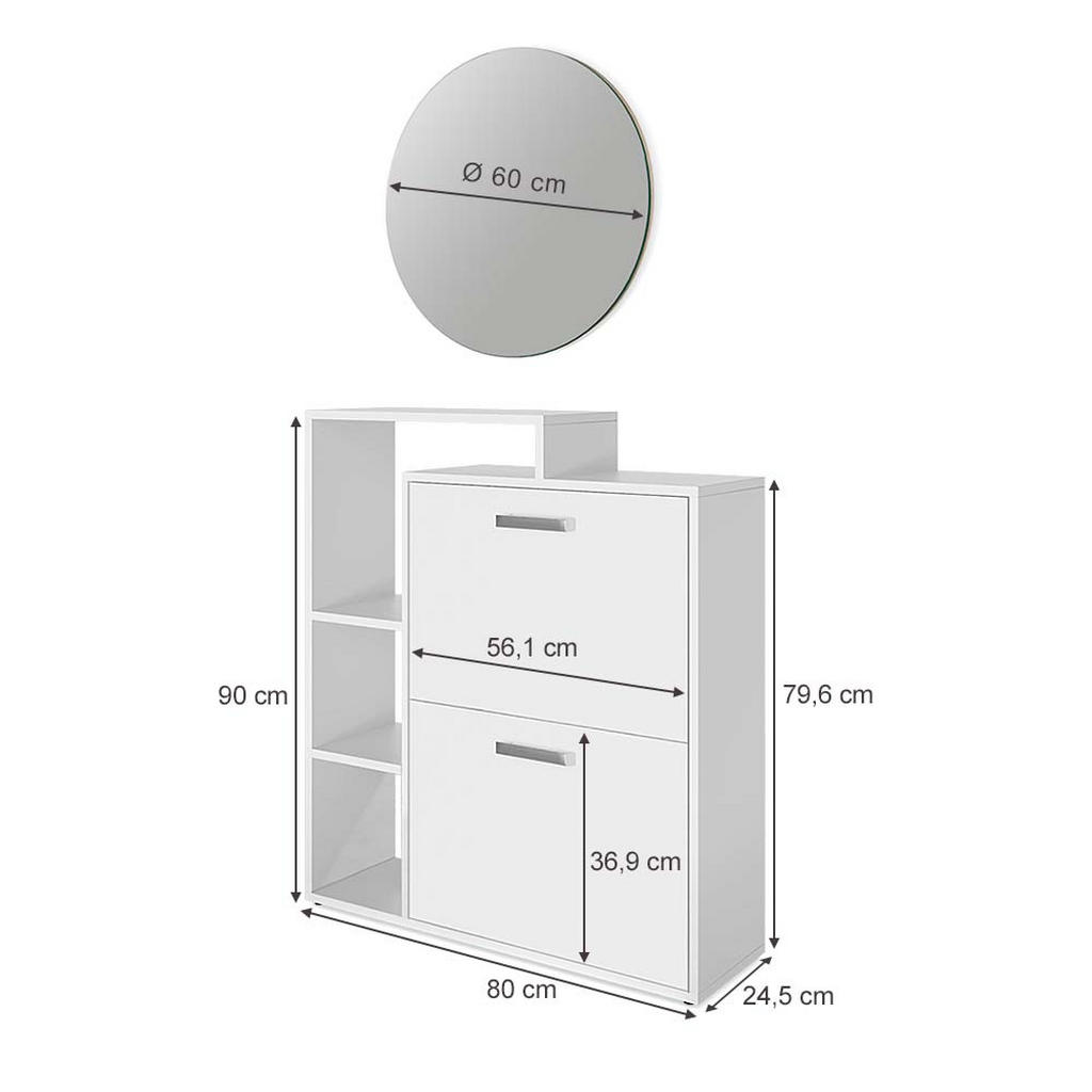 Thumbnail - Vicco Schuhkipper, Weiß, Holzwerkstoff, 6 Fächer, 2 Schubladen, Rechteckig, 80x90x25 cm, Garderobe, Schuhaufbewahrung, S...