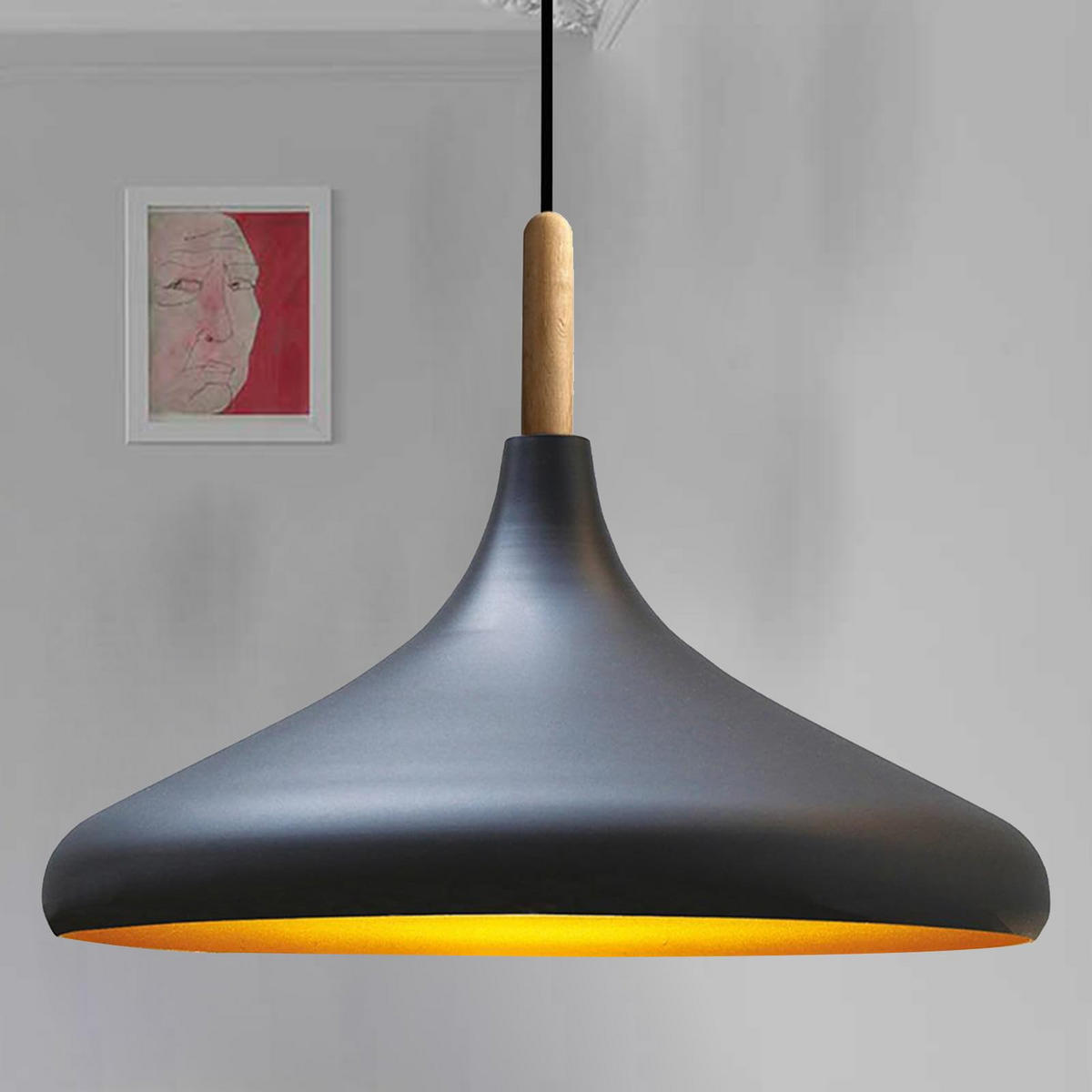 PENDELLEUCHTE Champion aus Holz 35/30 cm - Schwarz, Metall (30/35/30cm) - Bamyum