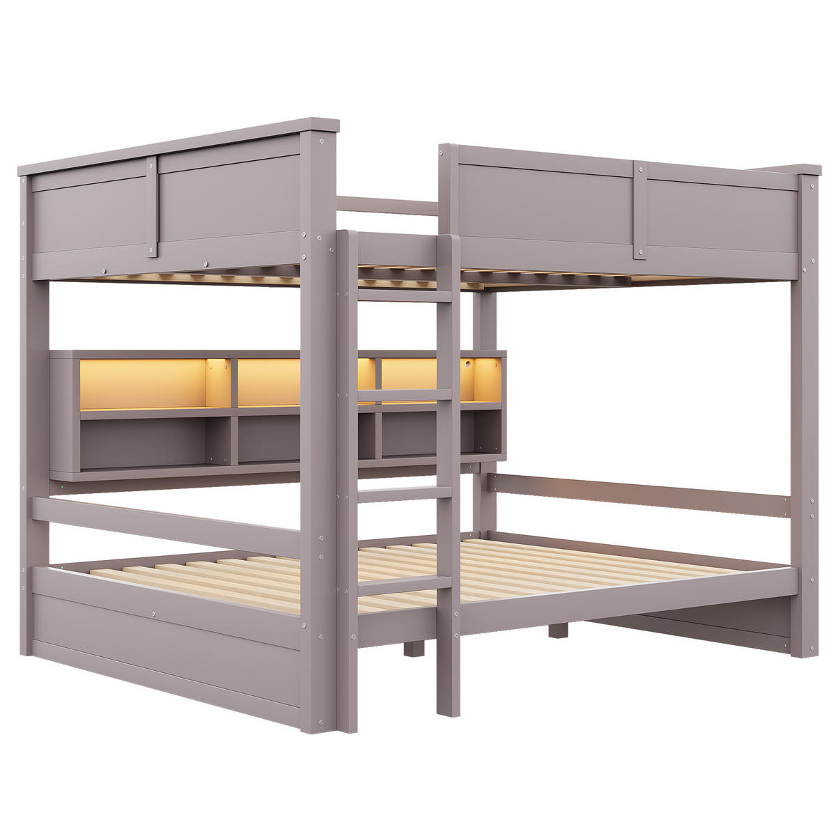 ETAGENBETT 160x200 cm mit sechs Stauraumschränken und LED-Beleuchtung, Kiefernholz & MDF, braun - Braun, Holzwerkstoff (160/200cm) - Luhomfu