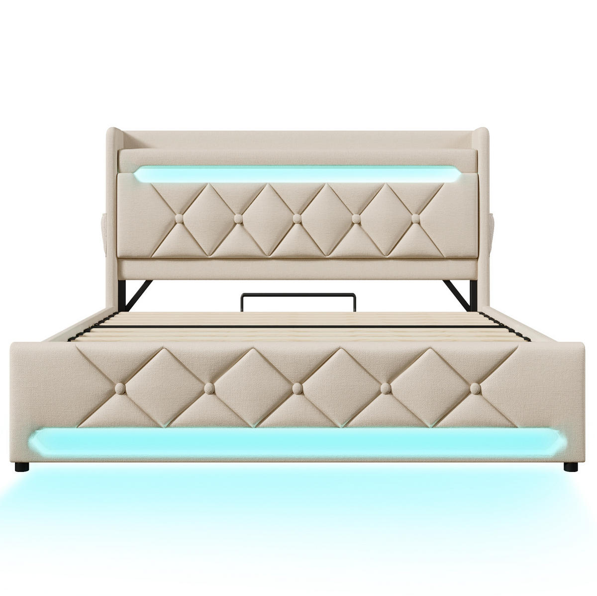 POLSTERBETT aus Leinen 140x200 cm Beige mit Bettkasten, LED-Beleuchtung und USB-C-Anschluss - Beige, Textil (140/200cm) - IVMEU