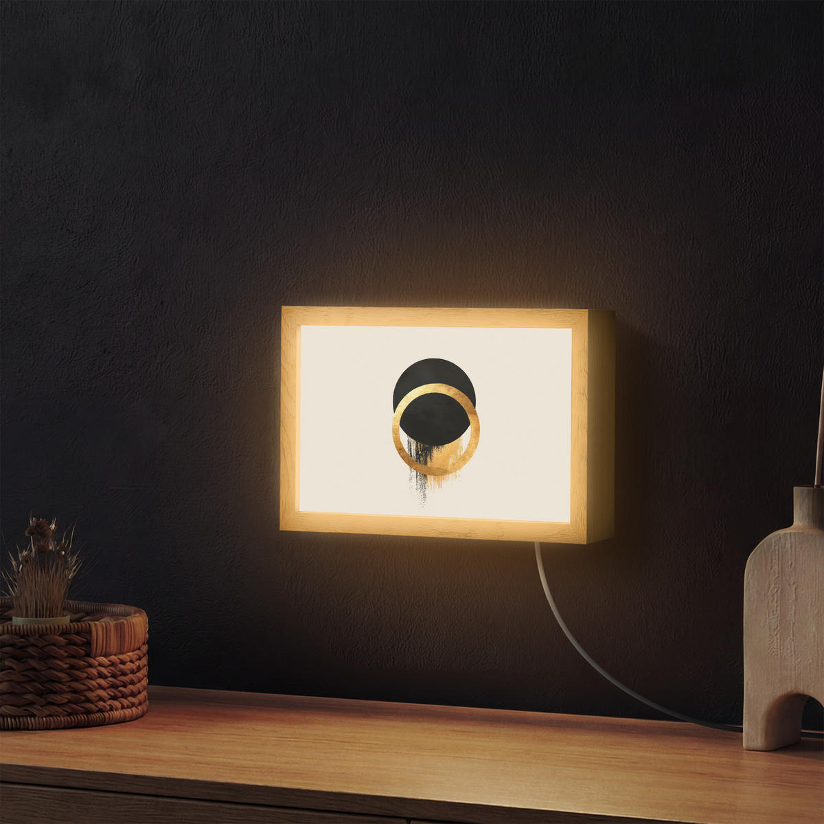 NÁSTĚNNÁ LAMPA Abstraktní design - Černý kruh - Skvrny od barvy 30x20 cm - krémová, kompozitní dřevo (30/20/8cm) - OnlyWow